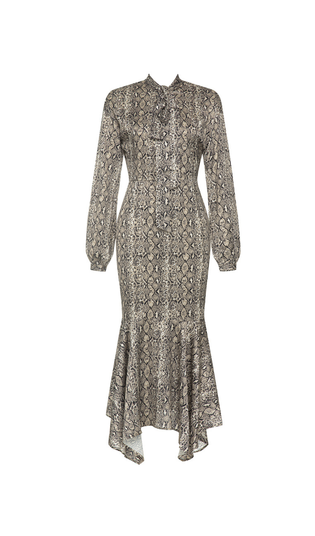 SNAKE PRINT LANTERN SLEEVE MERMAID HEM MAXI DRESS-Ownci
