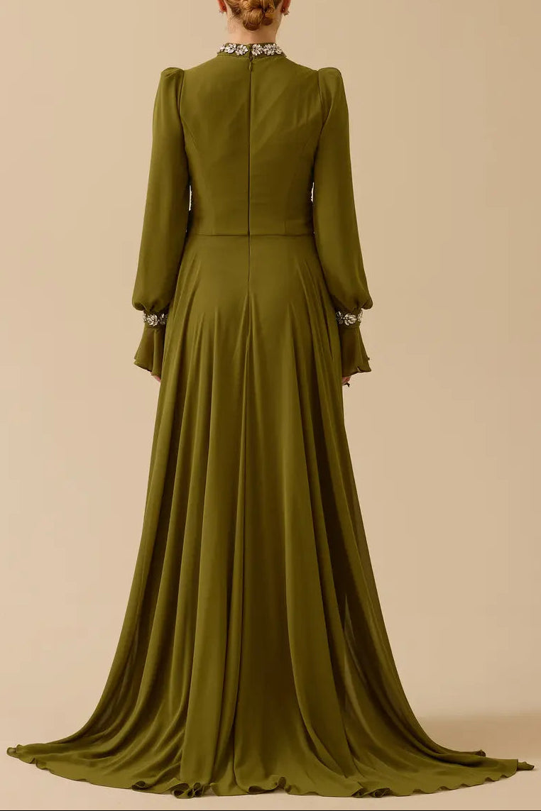 alyssa puff long sleeve pleated silk maxi dress in green