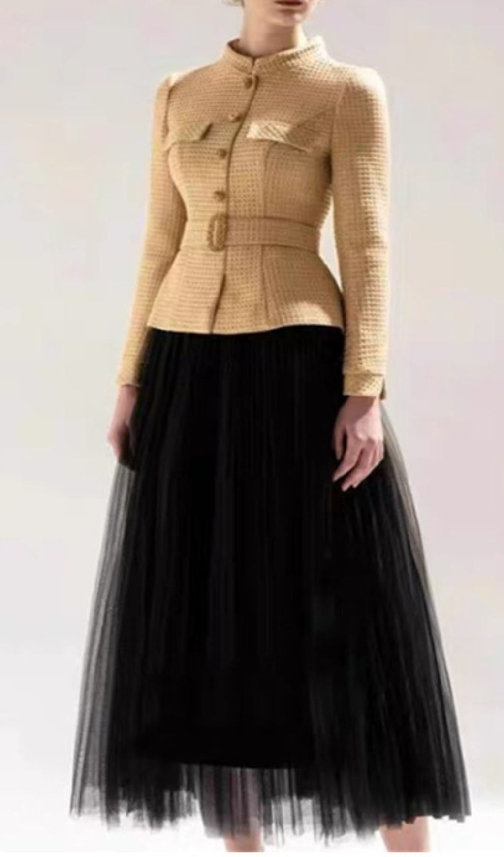 TWEED SHORT COAT MESH SKIRT SUIT-Ownci