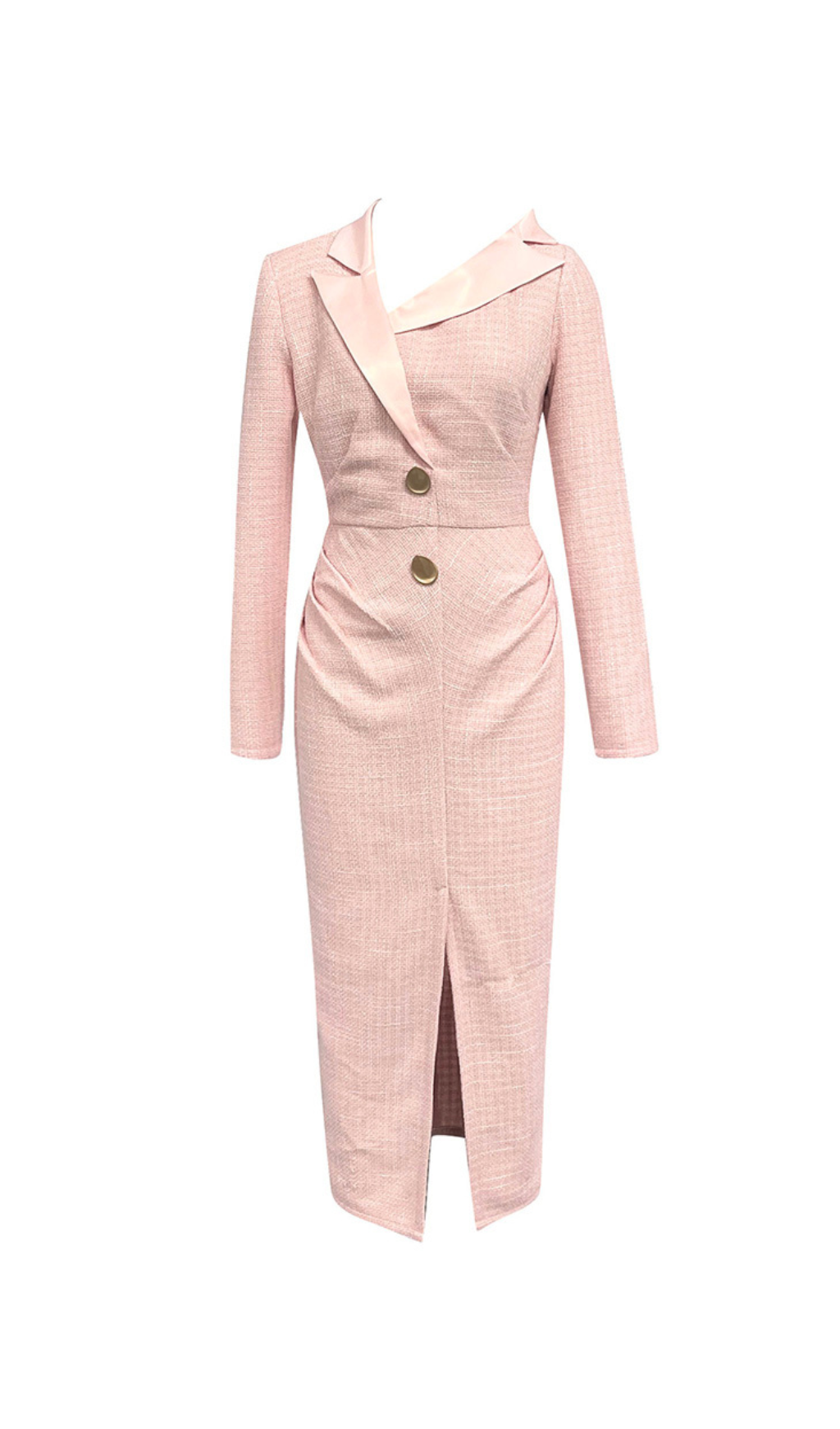 SUIT COLLAR METAL BUTTON RUFFLED MIDI DRESS-Ownci