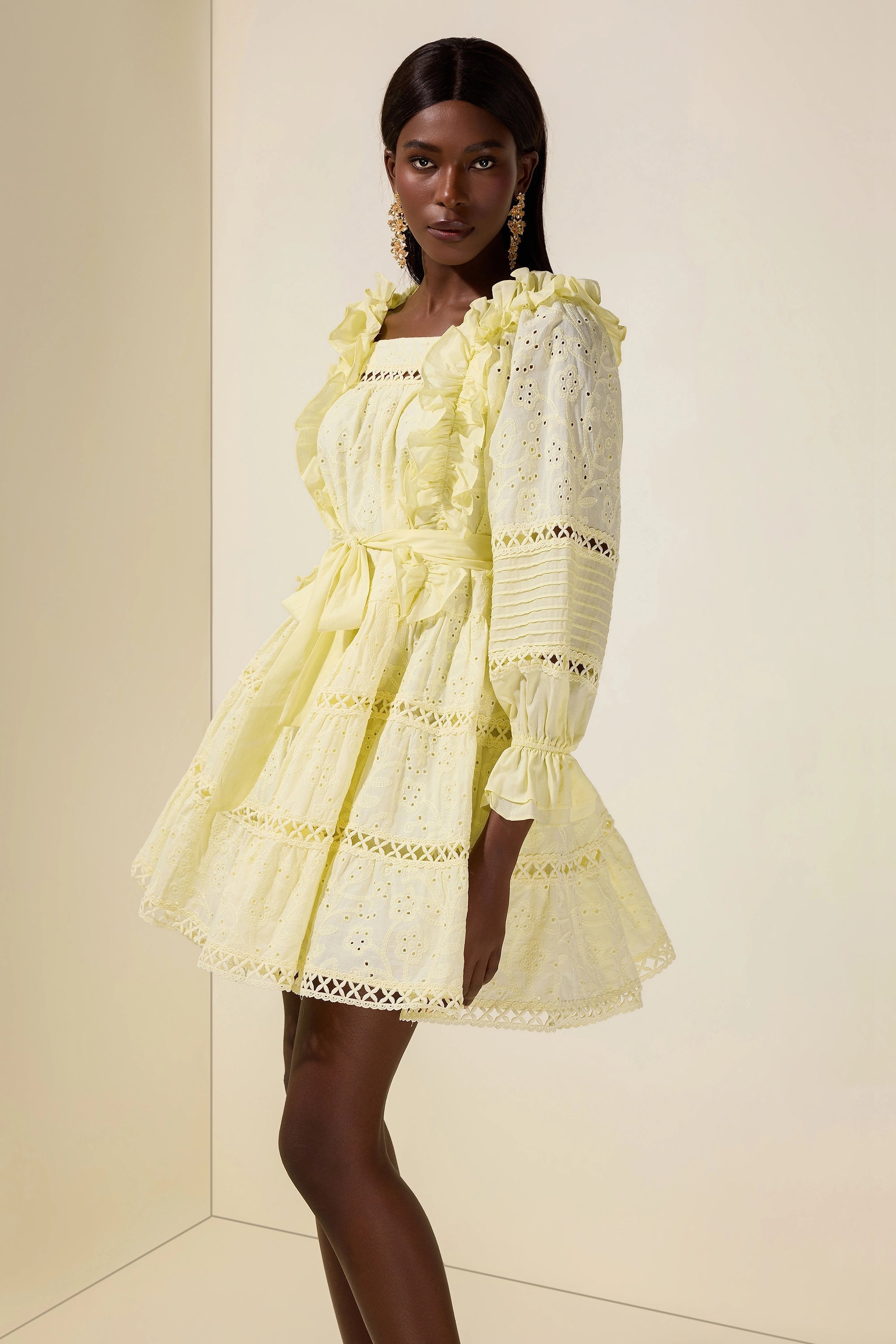 victoria Embroidered hollow Ruffle Mini Dress - yellow