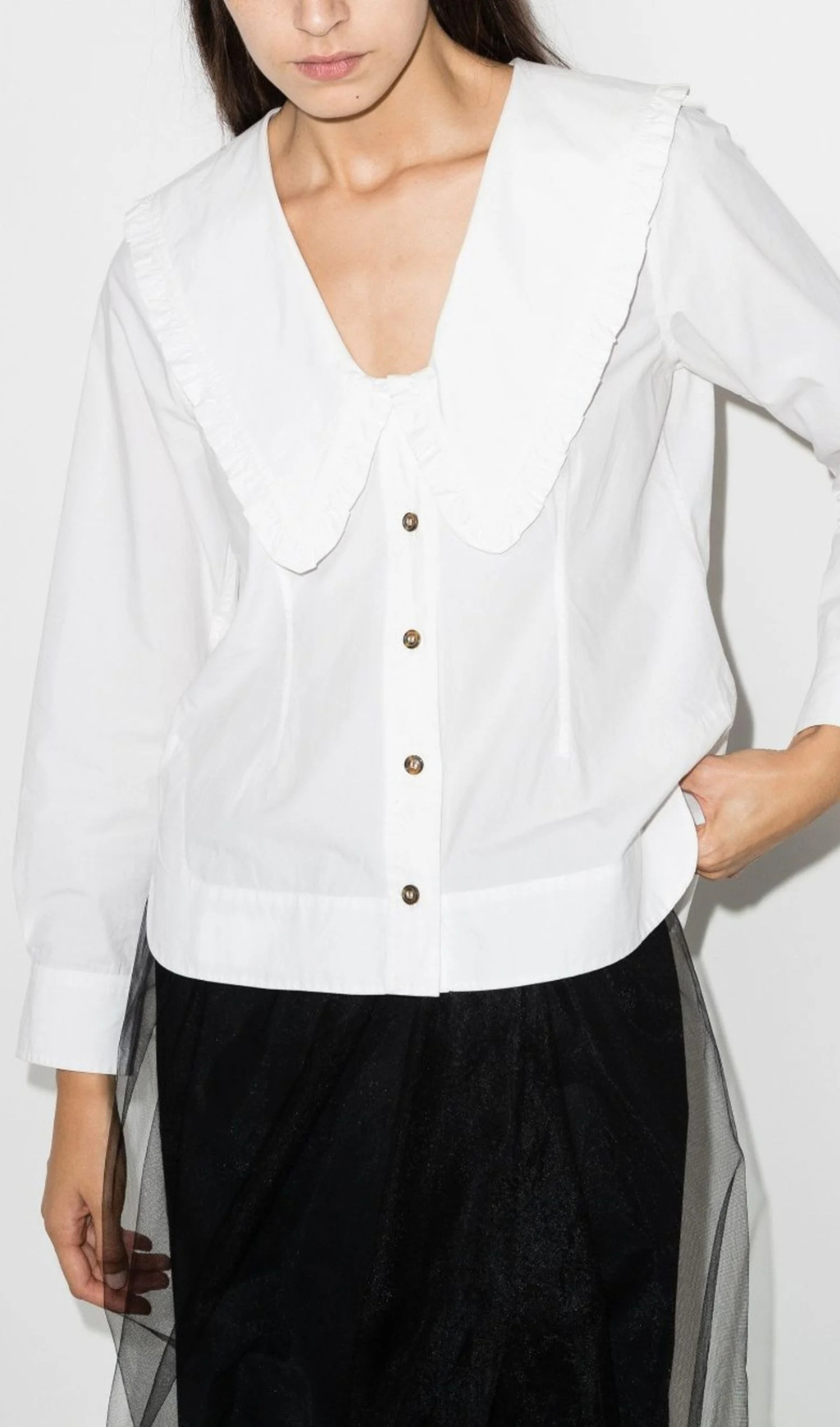 WHITE OVERSIZED COLLAR COTTON BLOUSE-Ownci