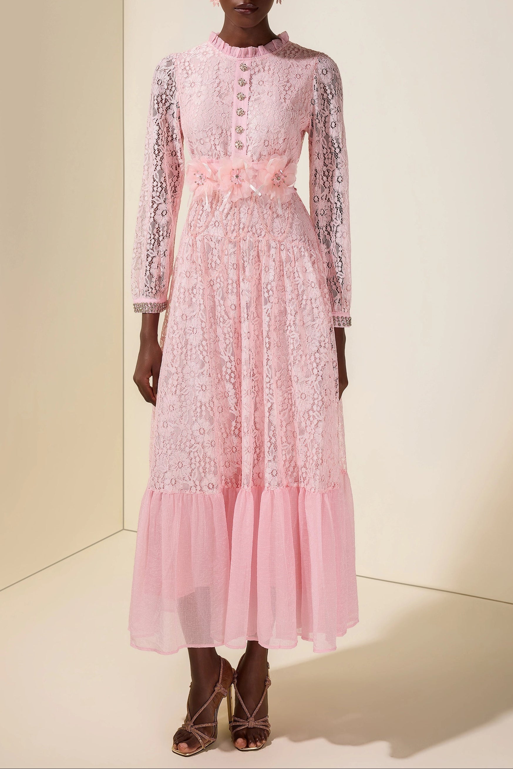 virginia Lace 3D Flower Rhinestone Rivets Midi Dress - pink