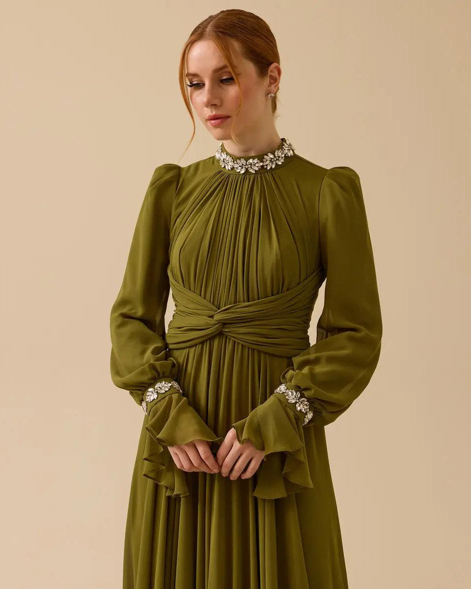 alyssa puff long sleeve pleated silk maxi dress in green