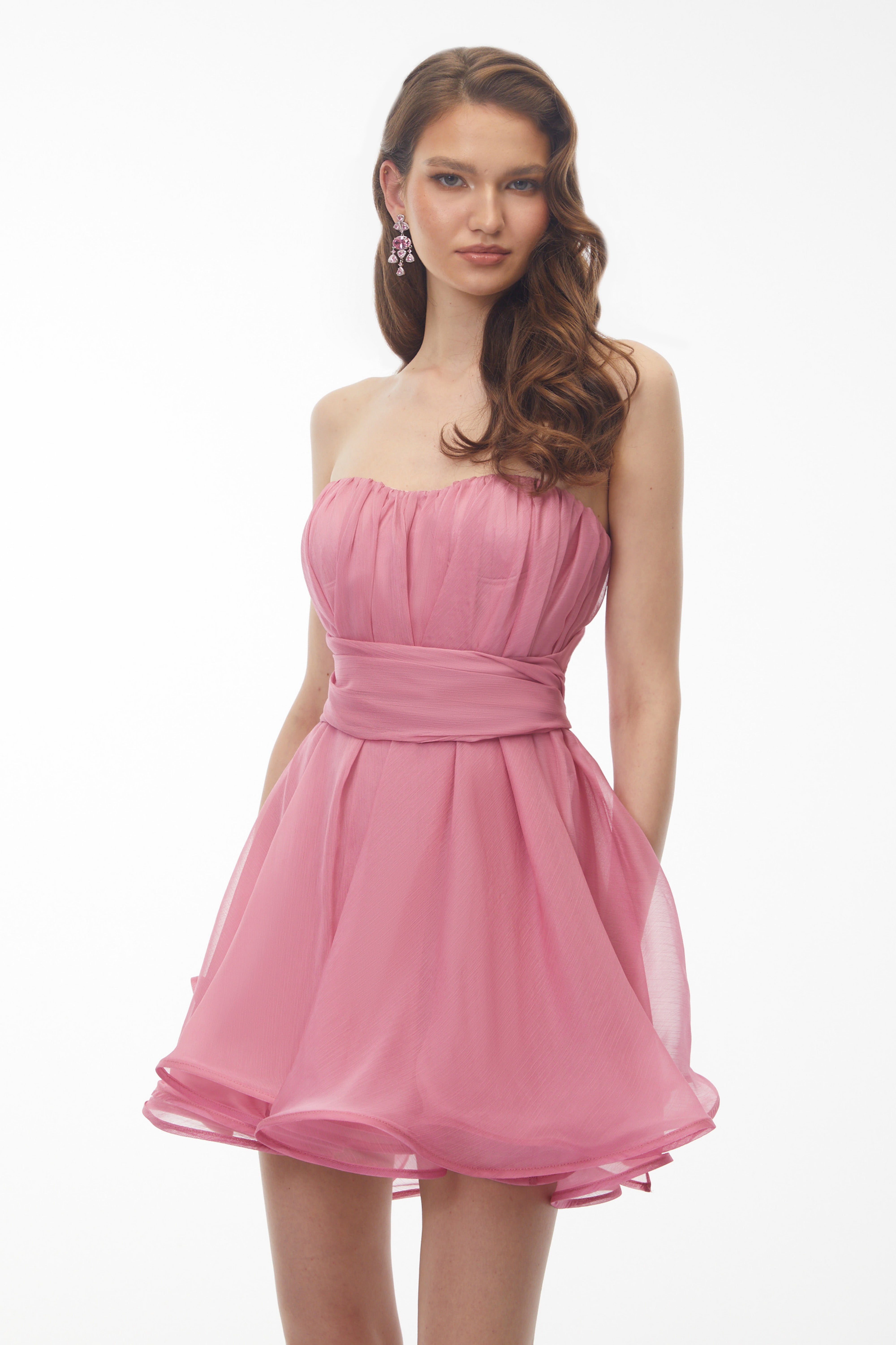 Rose Pink Off Shoulder Ruched Mini Dress with Ribbon