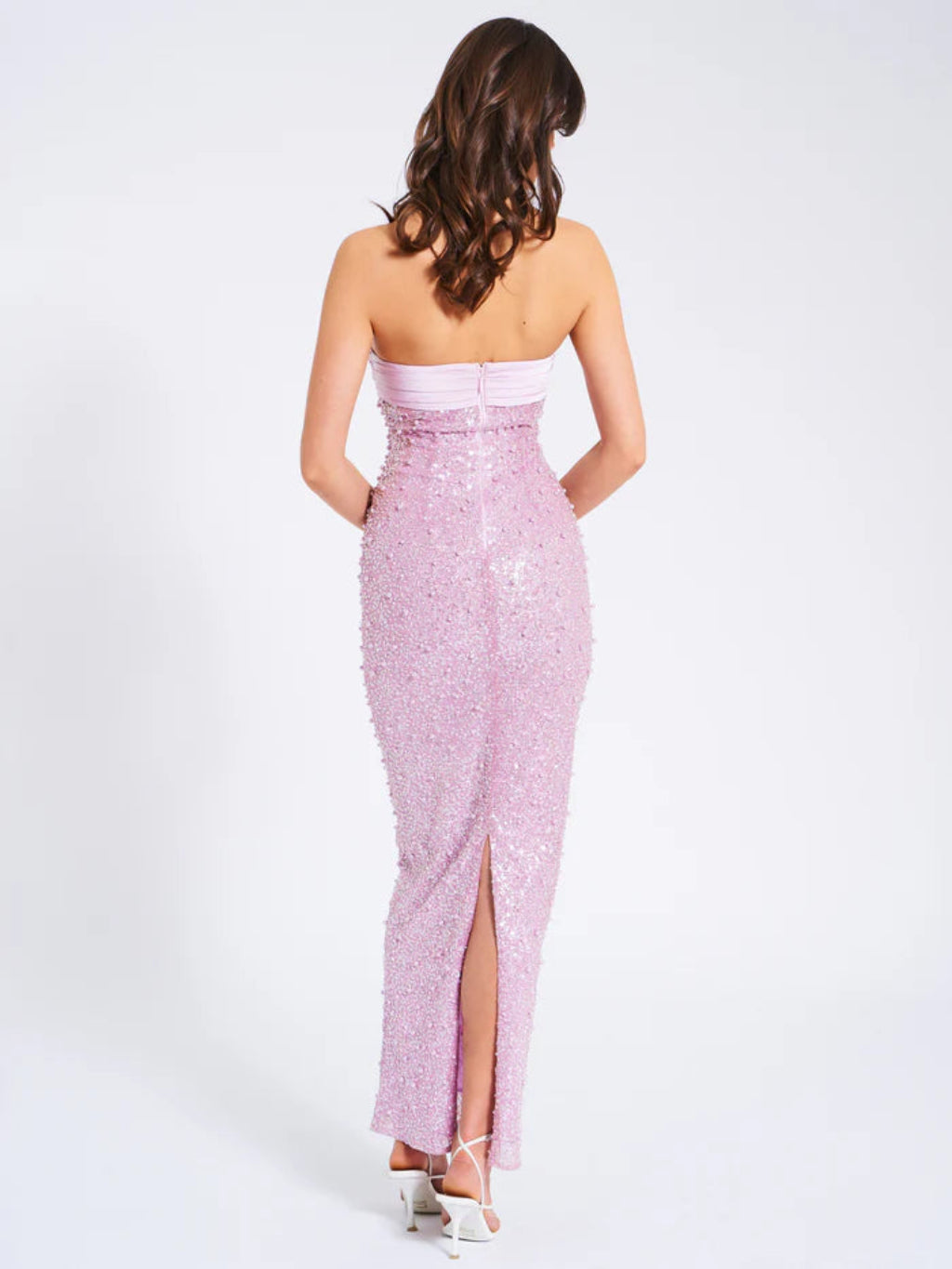 PINK SATIN SEQUIN PEARLS BEADED MAXI DRESS