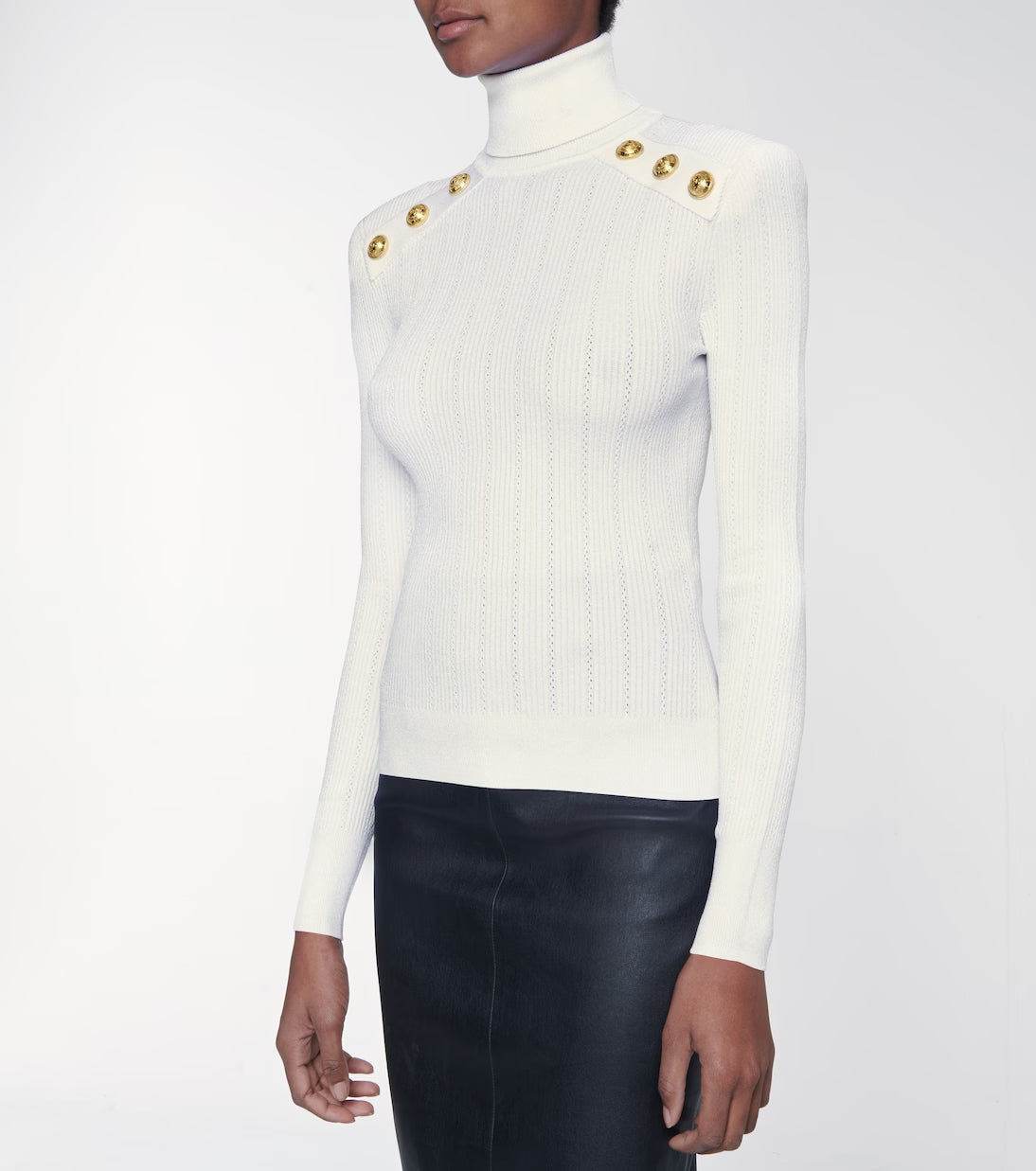WHITE RIBBED ROLL-NECK SWEATER-Ownci
