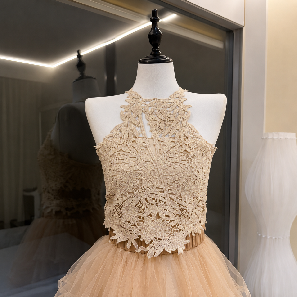 Halter Lace Corset & Puffy Tulle Skirt Two-Piece Set