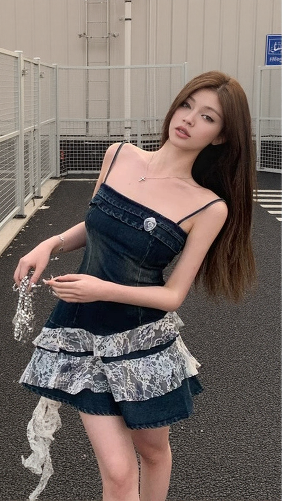 IRREGULAR LACE PATCHWORK DENIM STRAPPY MINI DRESS