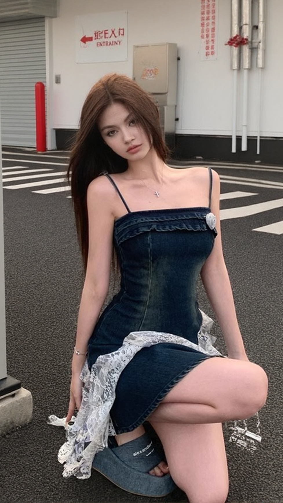 IRREGULAR LACE PATCHWORK DENIM STRAPPY MINI DRESS