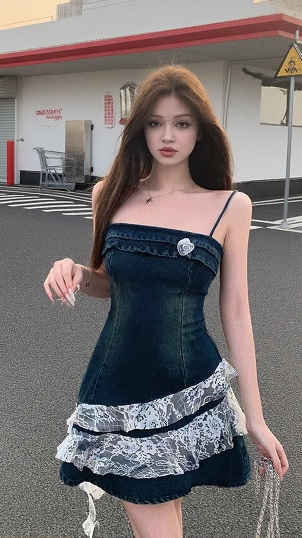 IRREGULAR LACE PATCHWORK DENIM STRAPPY MINI DRESS