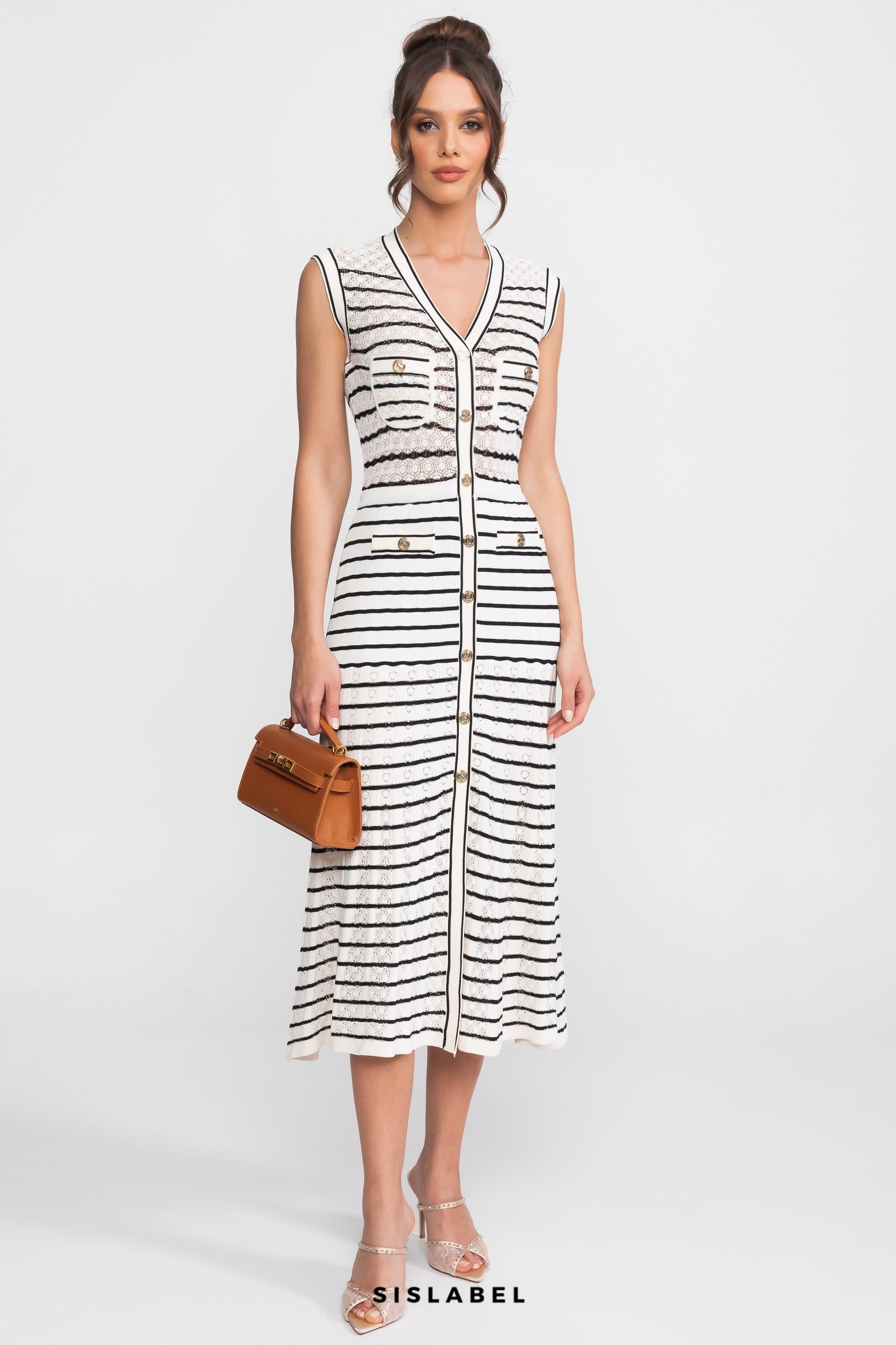 Striped Sleeveless Knit Midi Dress With V-Neck And Gold Buttons - White/Black