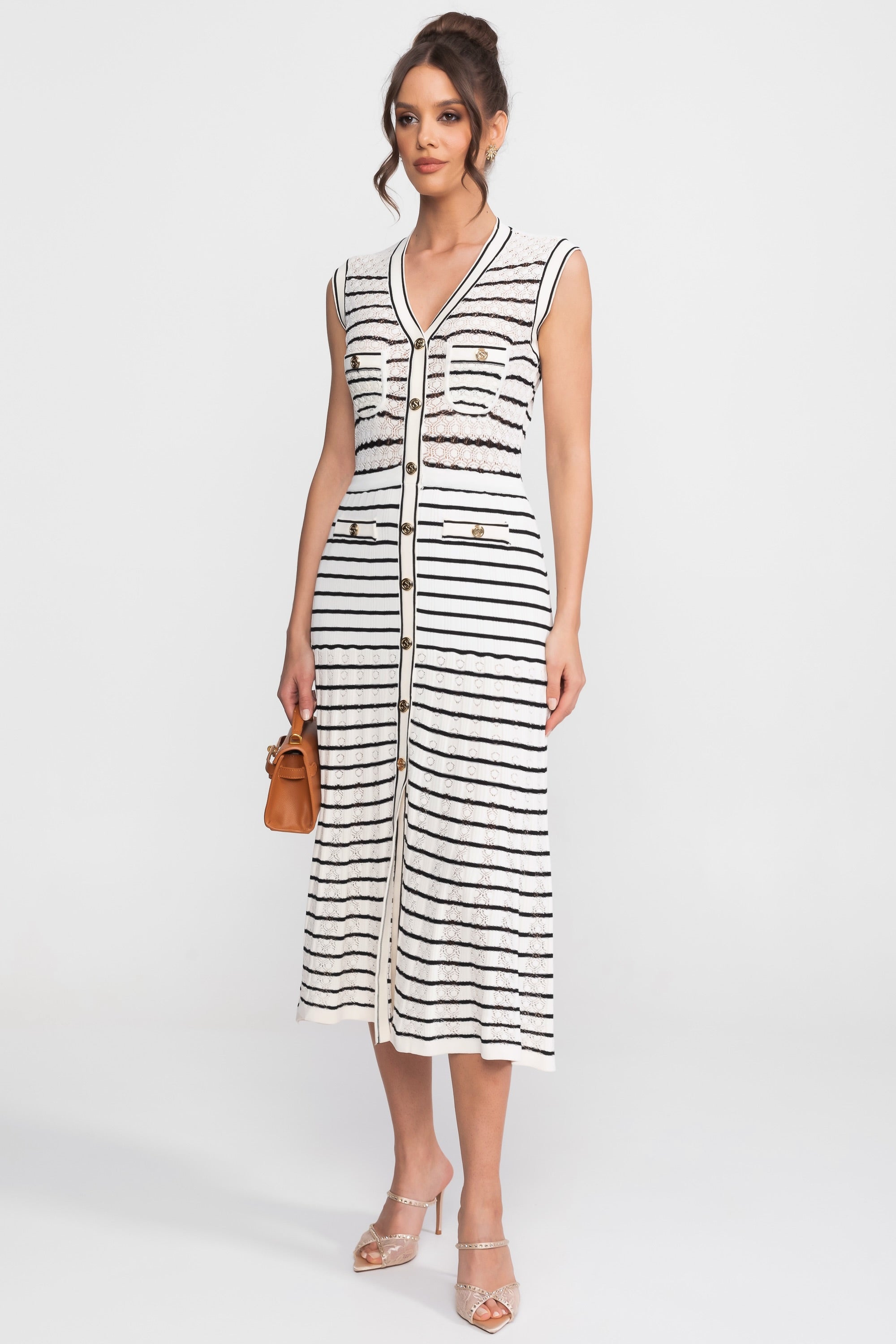 Striped Sleeveless Knit Midi Dress With V-Neck And Gold Buttons - White/Black