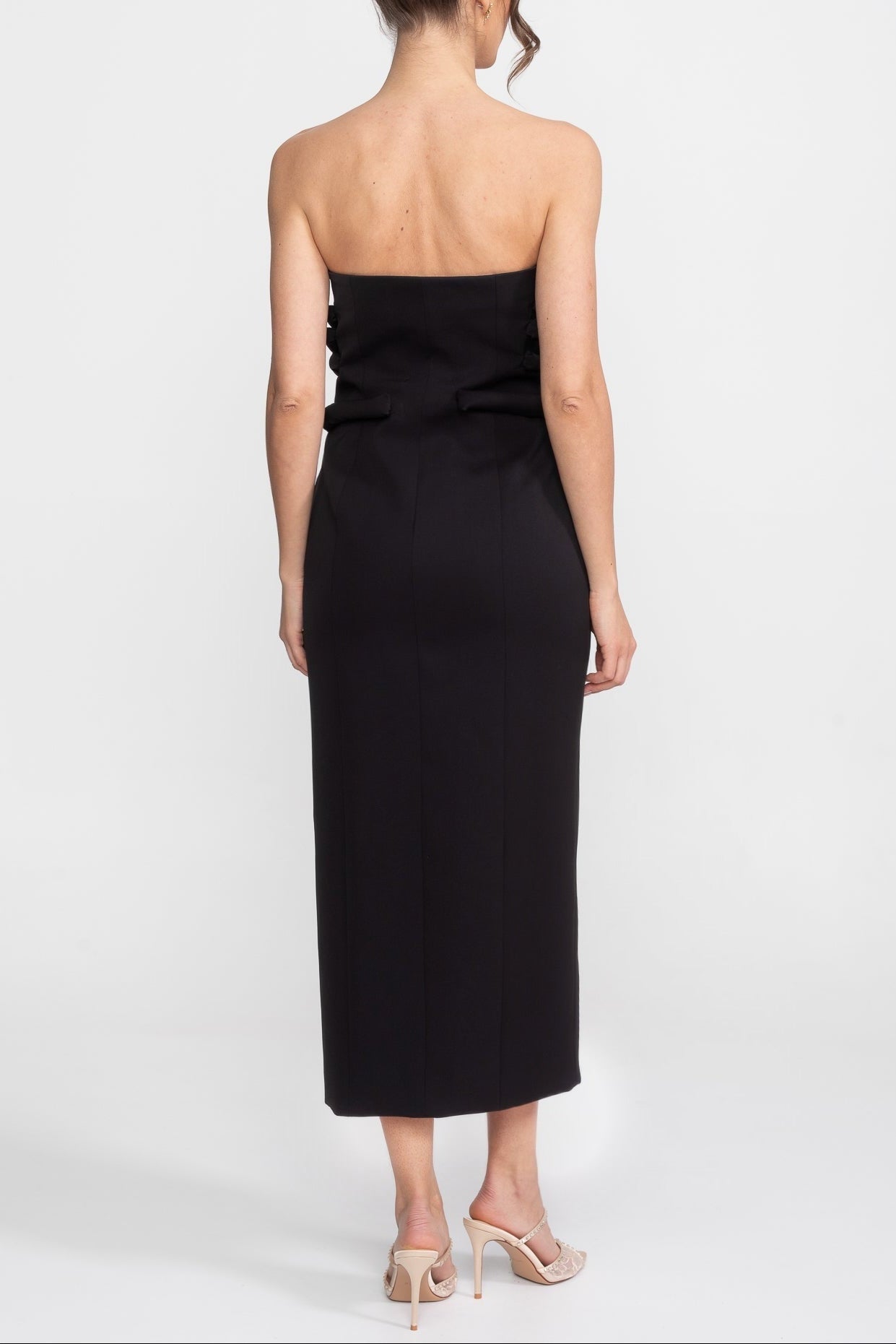Black Midi Dress With Sculptural Knotted Bodice Detail And Jewel Buttons - Black