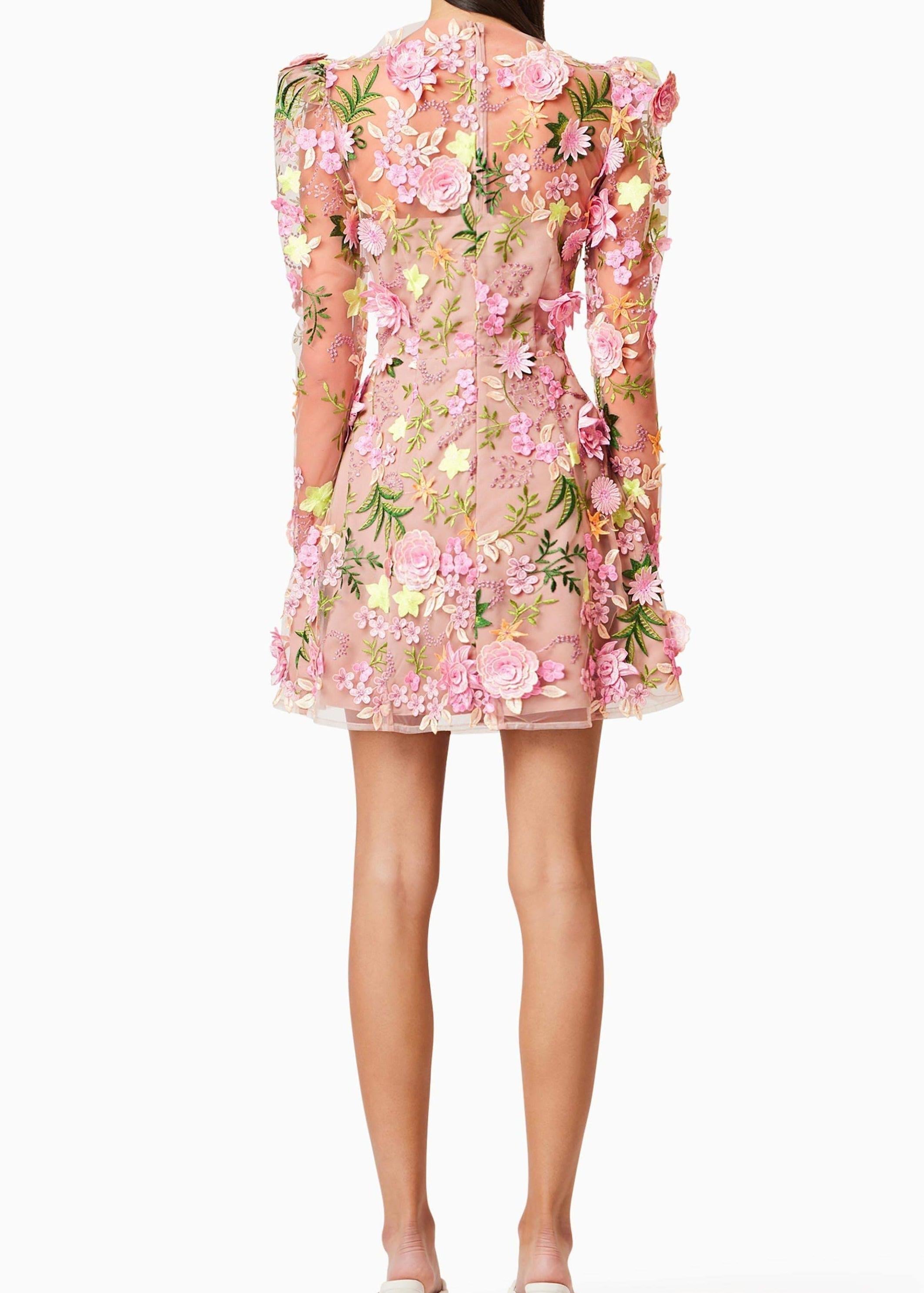 caitlin A-line Floral long sleeve Mini Dress In Pink