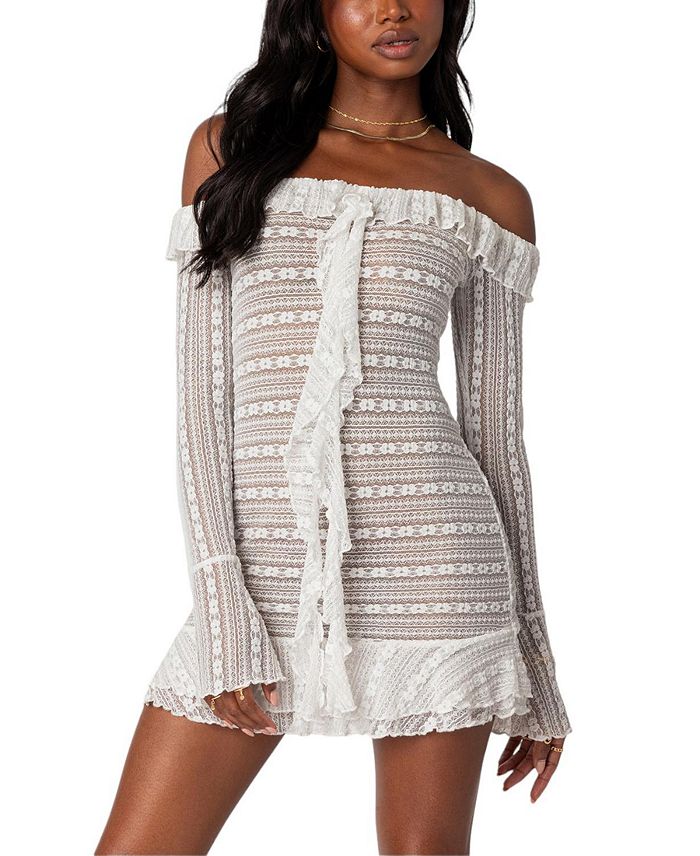 TEXTURED SHEER LACE MINI DRESS-Ownci