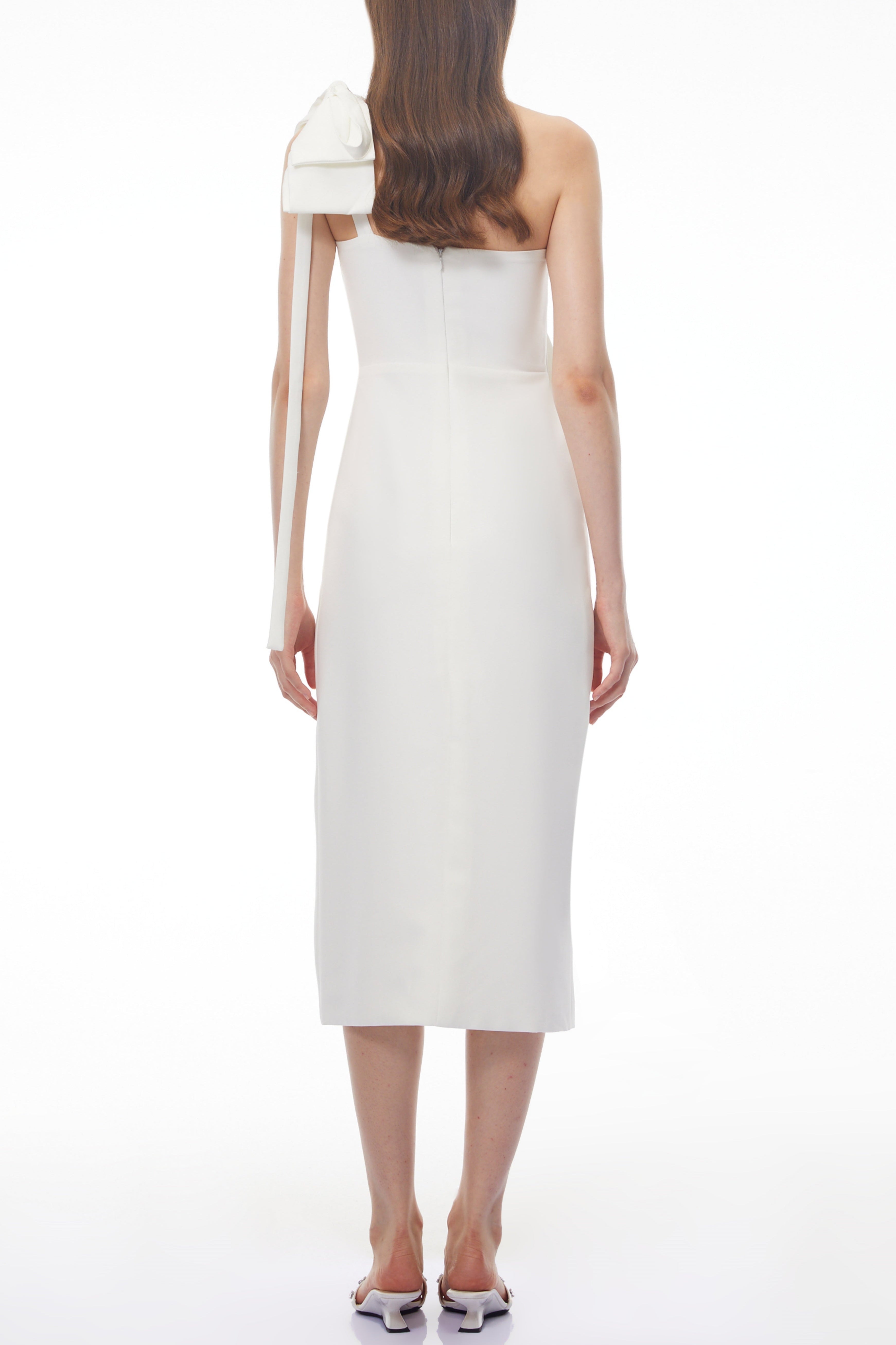 Estelle White Off Shoulder Satin Midi Dress with Bow
