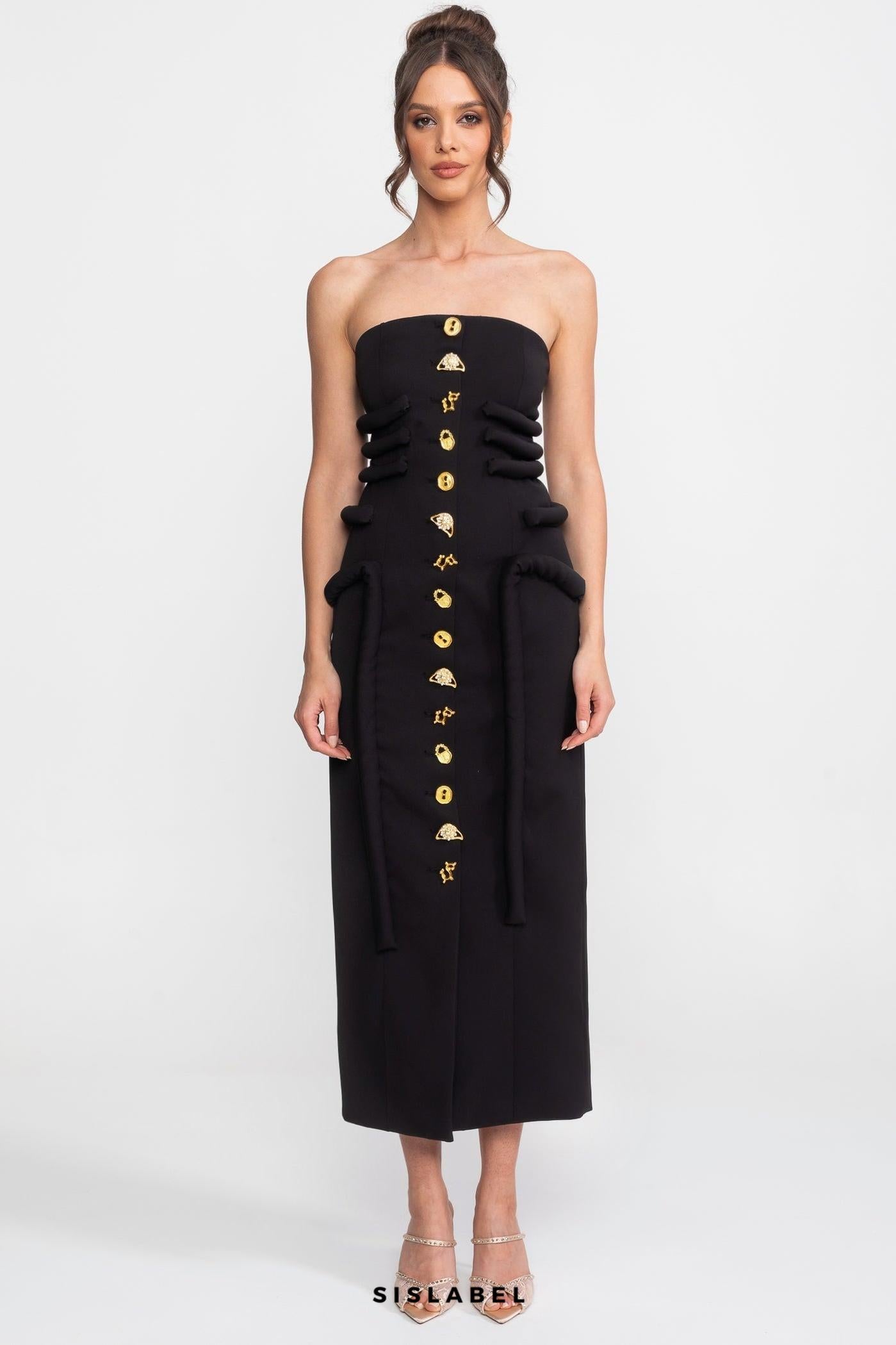 Black Midi Dress With Sculptural Knotted Bodice Detail And Jewel Buttons - Black