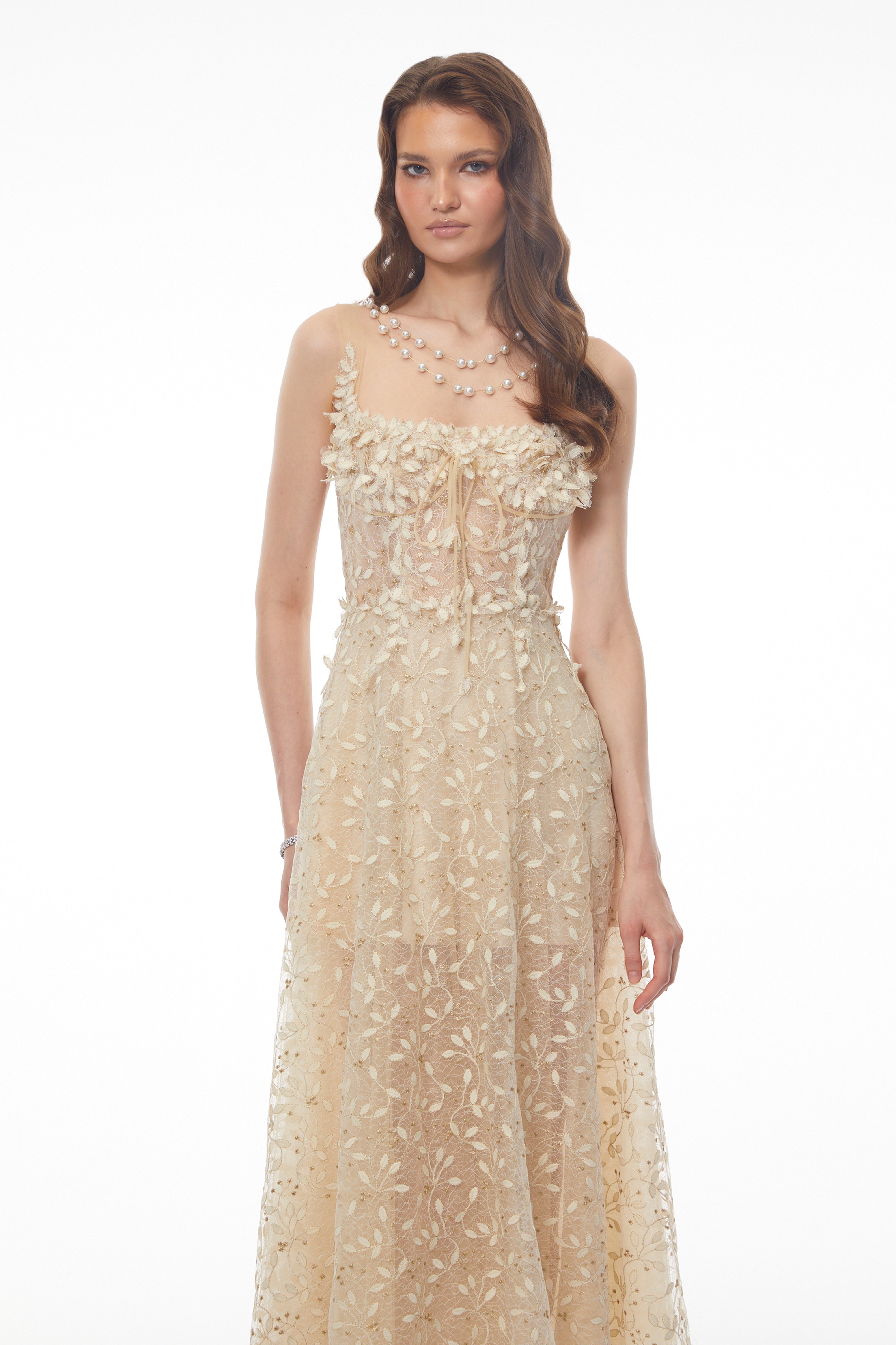 Gabriella Champagne Tulle Maxi Dress with 3D Petals