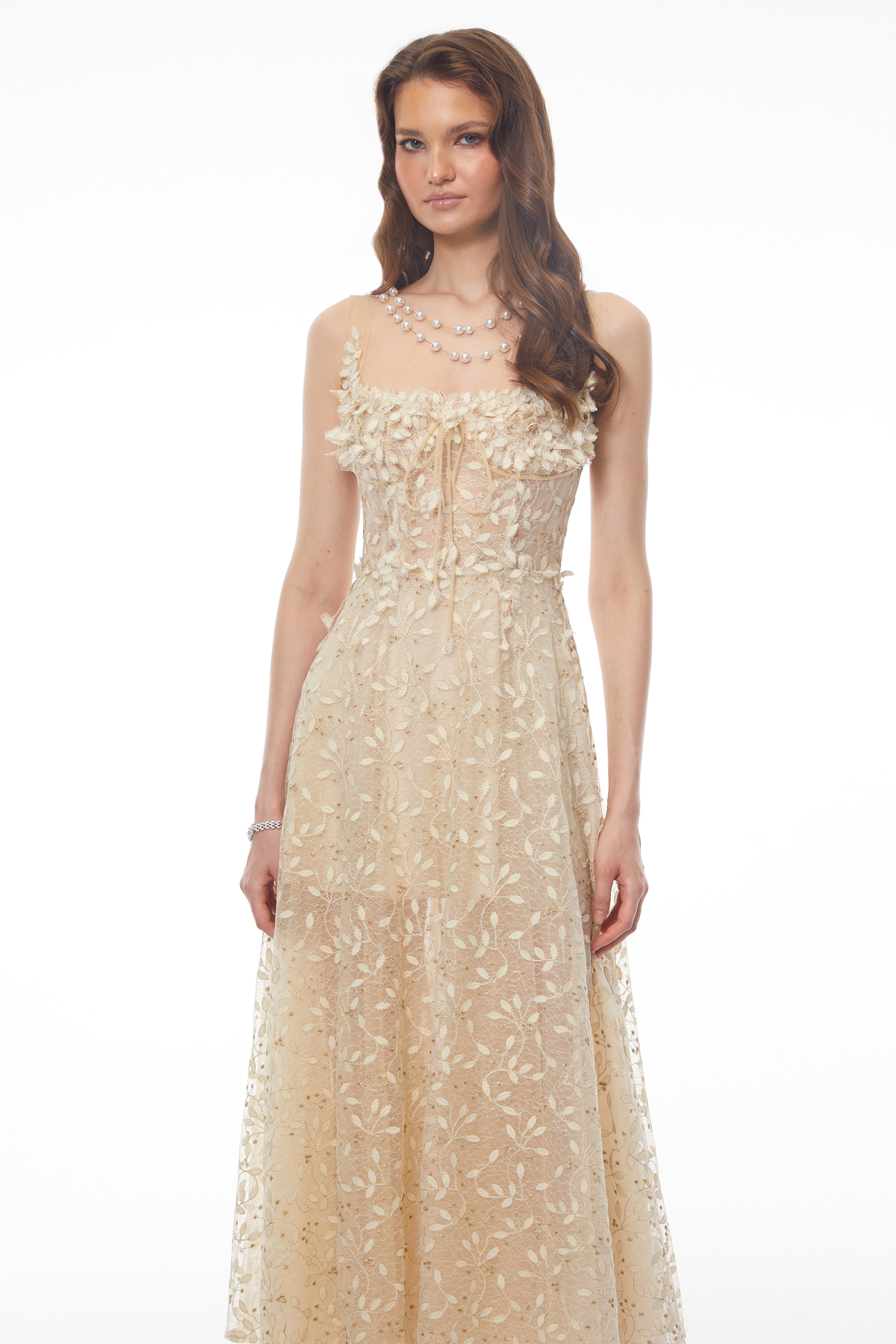 Gabriella Champagne Tulle Maxi Dress with 3D Petals