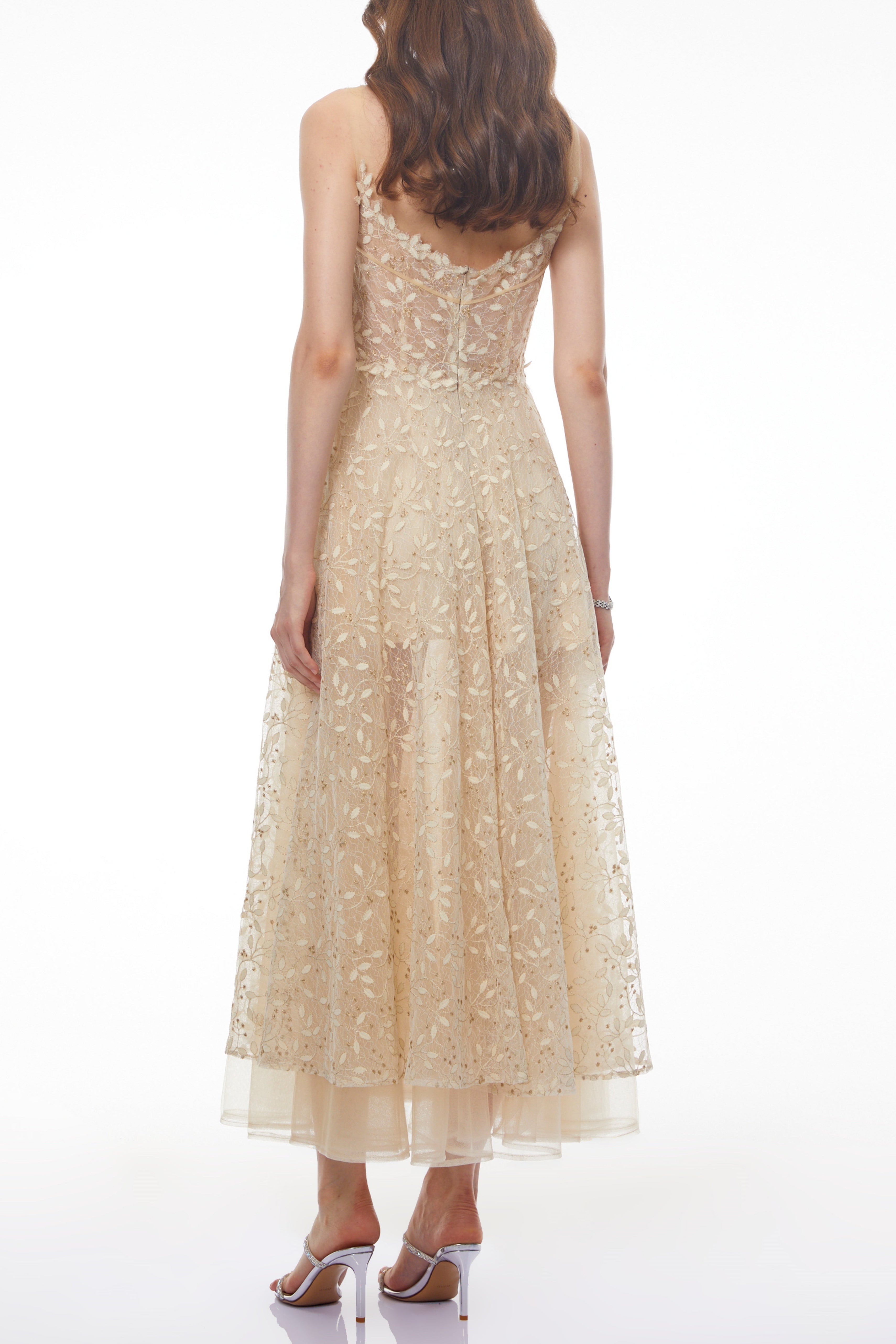 Gabriella Champagne Tulle Maxi Dress with 3D Petals