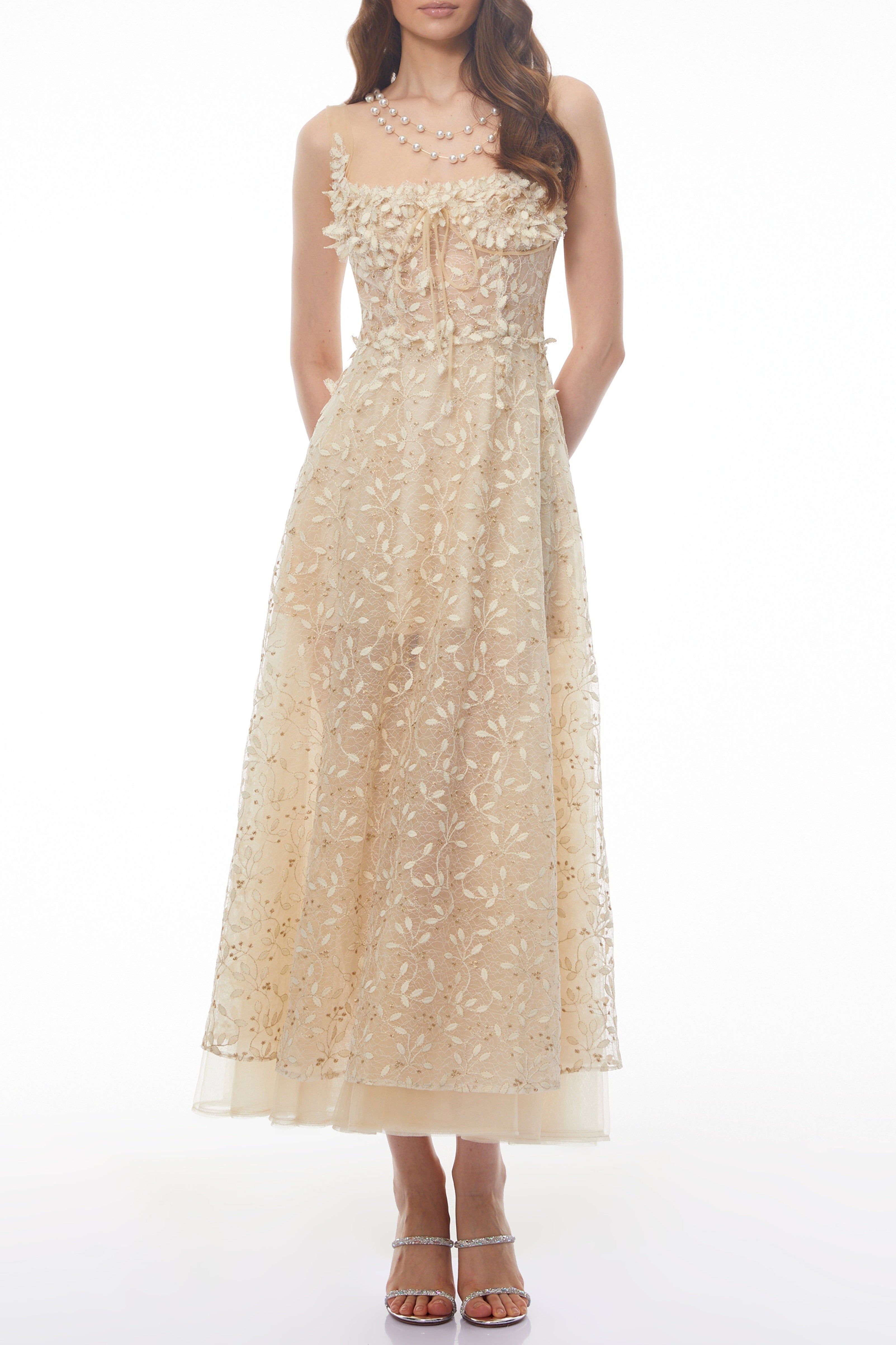Gabriella Champagne Tulle Maxi Dress with 3D Petals