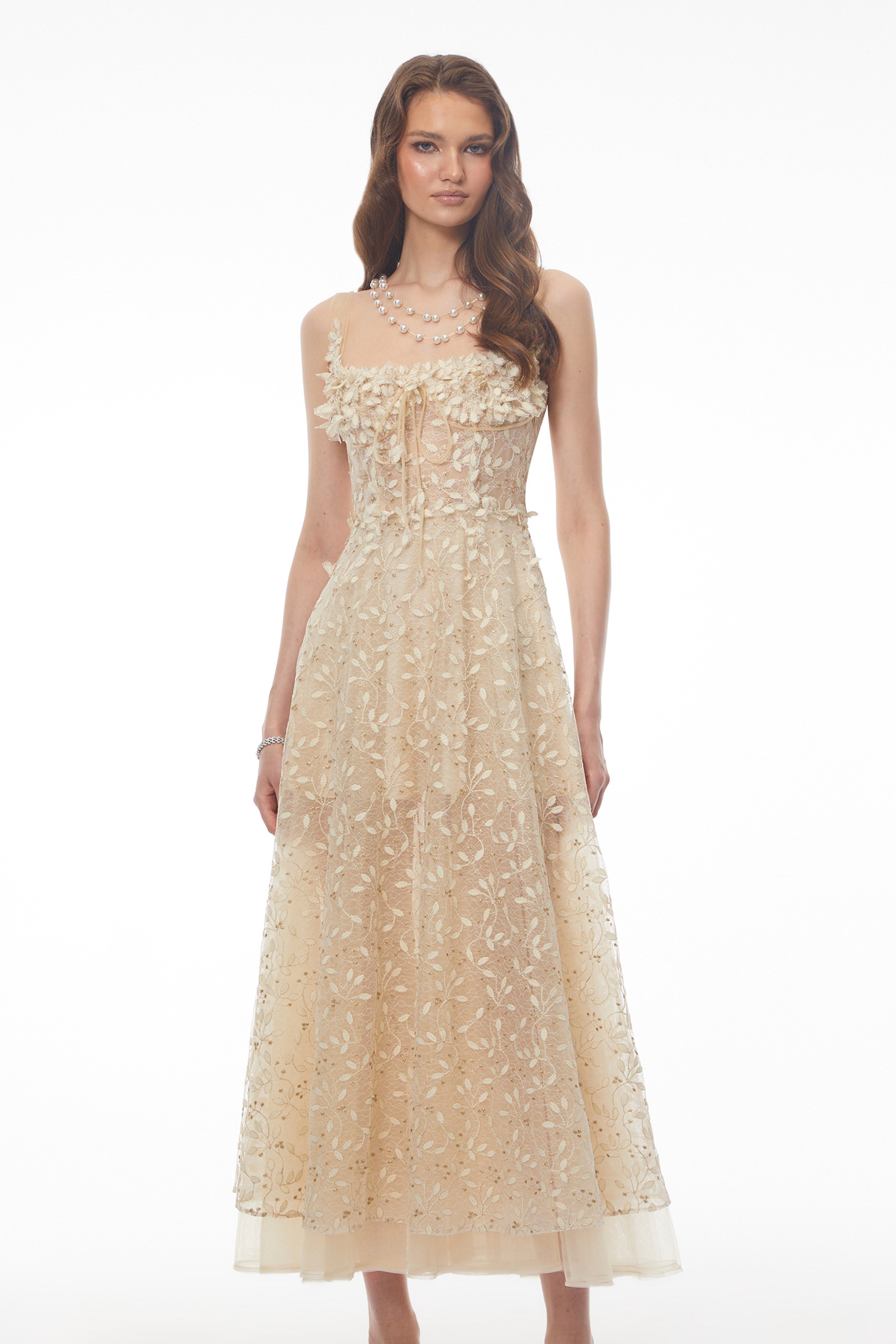 Gabriella Champagne Tulle Maxi Dress with 3D Petals