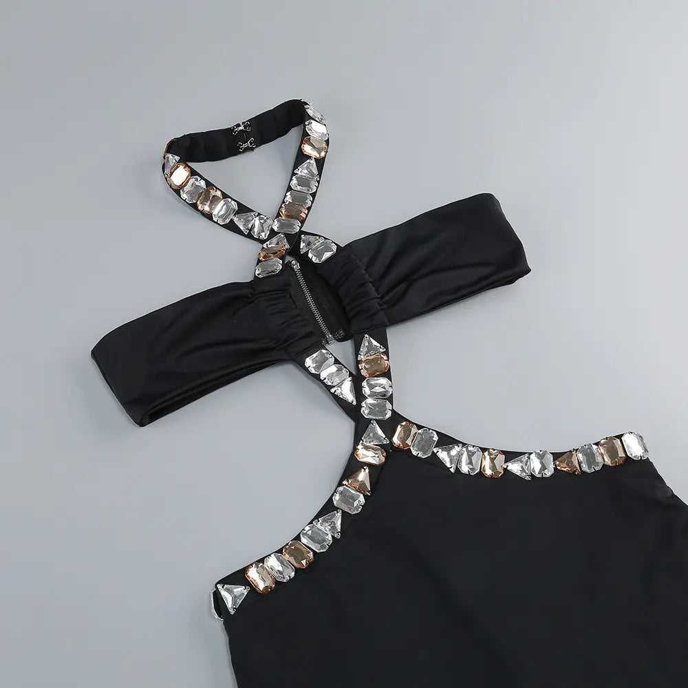 ADELA CRYSTAL EMBELLISHMENT HALTER NECK BLACK MAXI DRESS