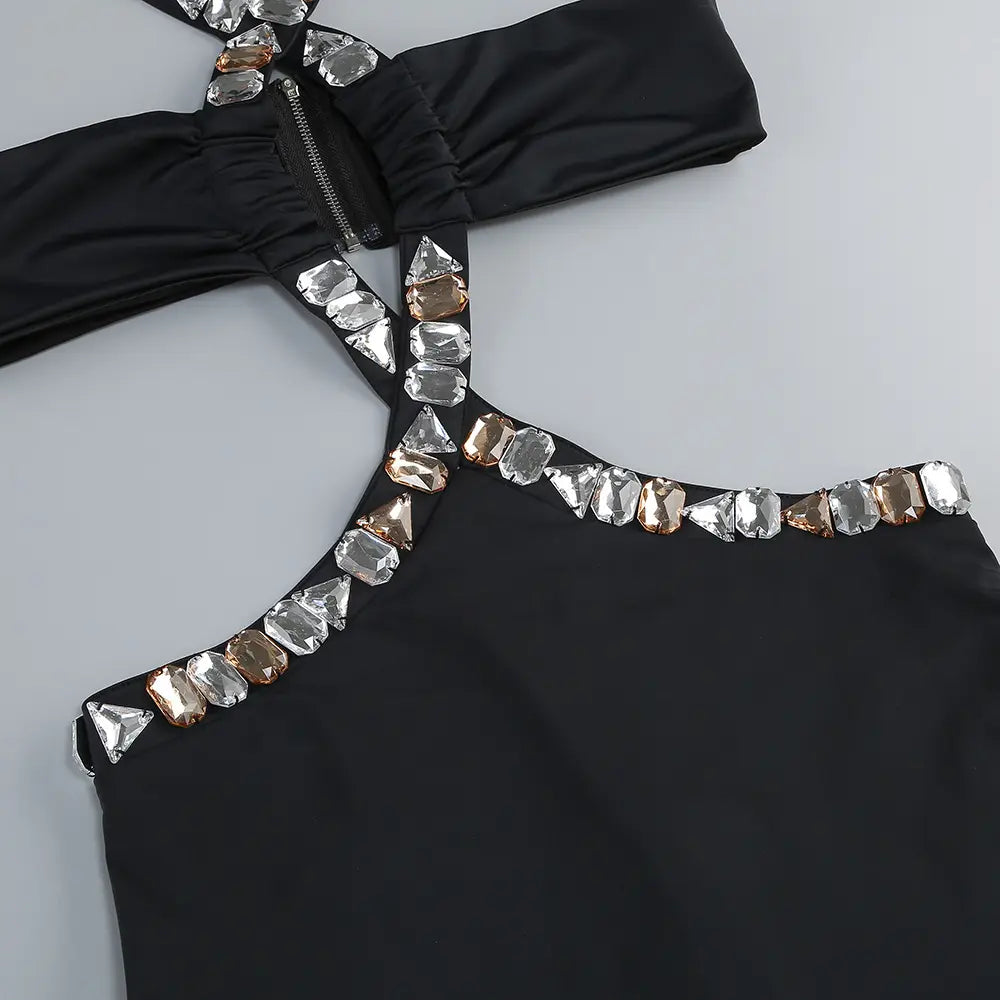 ADELA CRYSTAL EMBELLISHMENT HALTER NECK BLACK MAXI DRESS