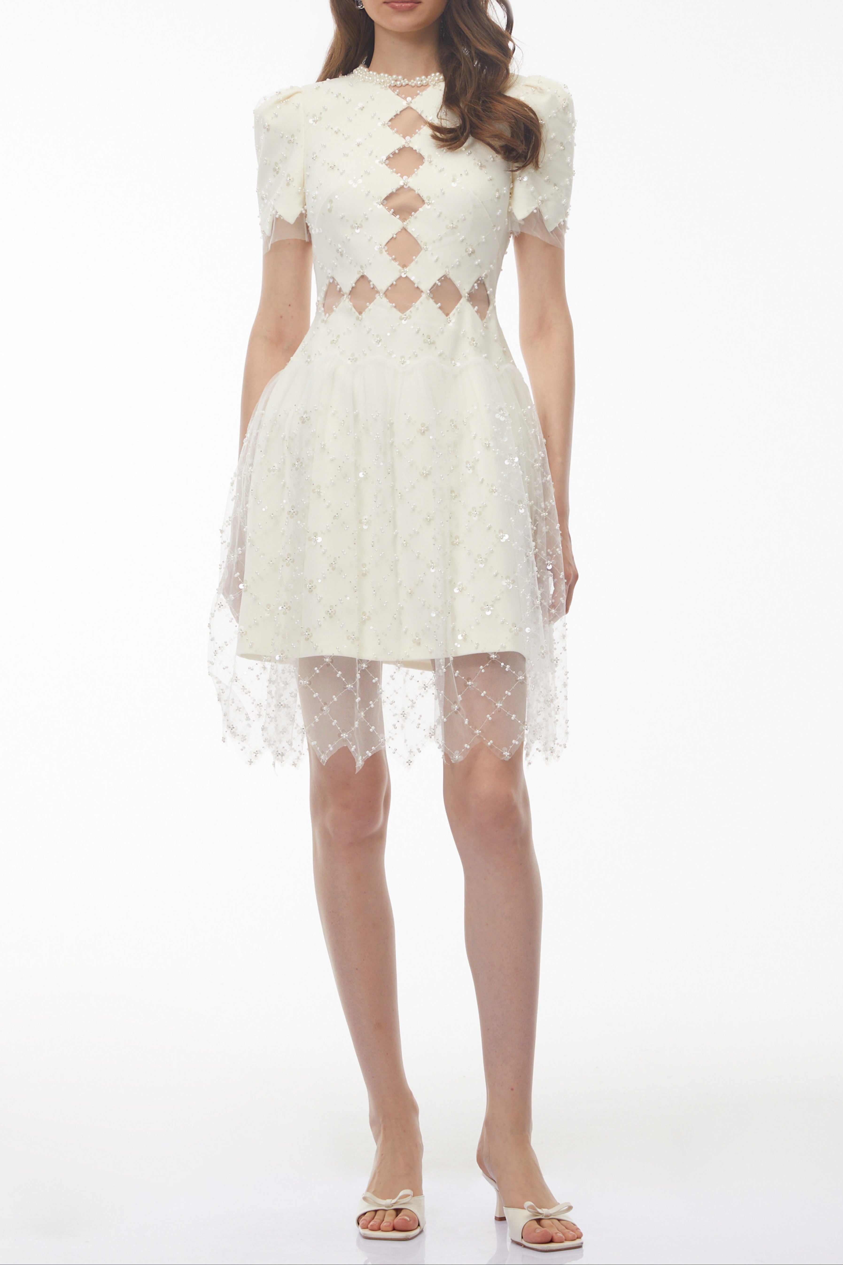 Henrietta Ivory Sequin Mini Dress with Mesh Panels