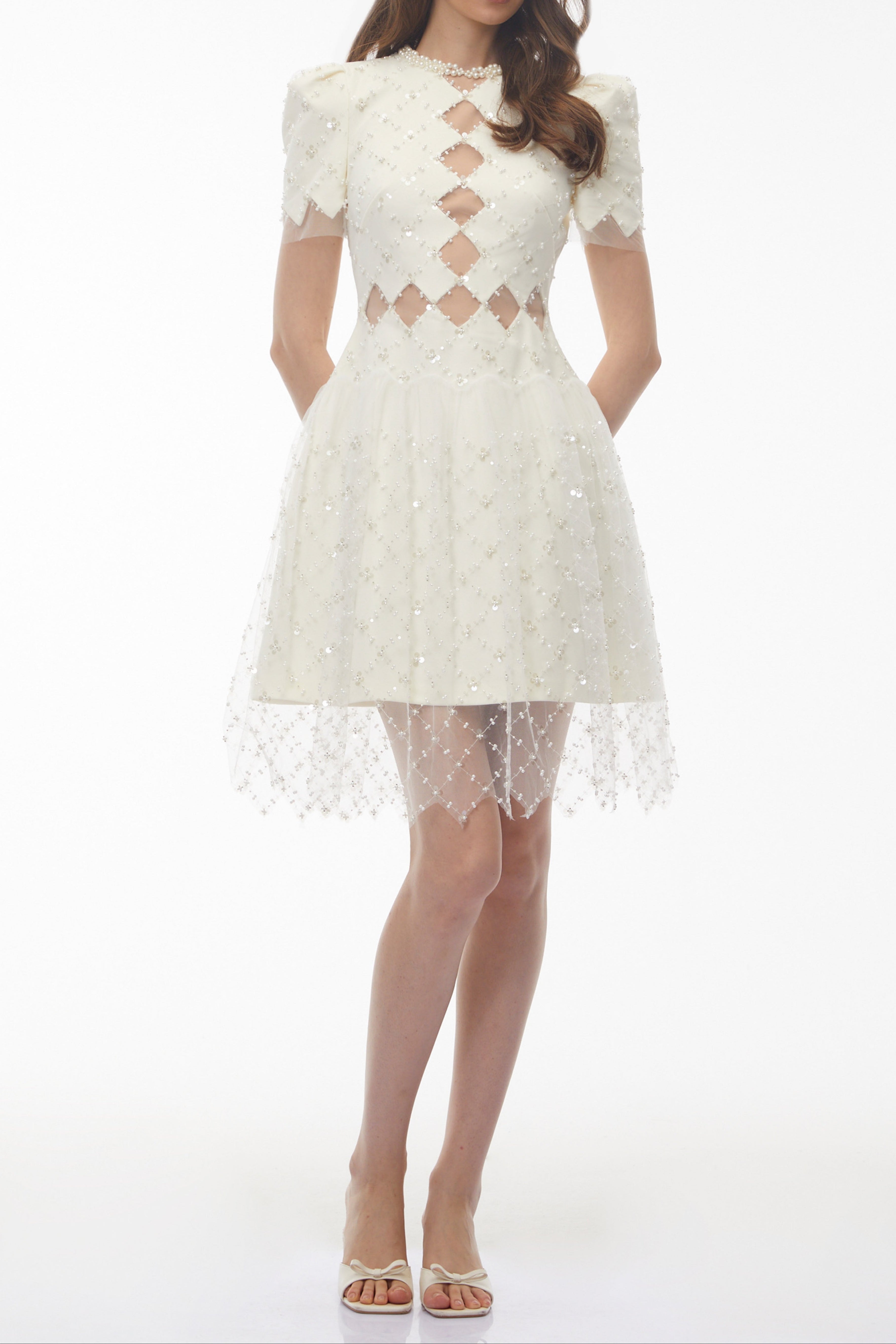Henrietta Ivory Sequin Mini Dress with Mesh Panels