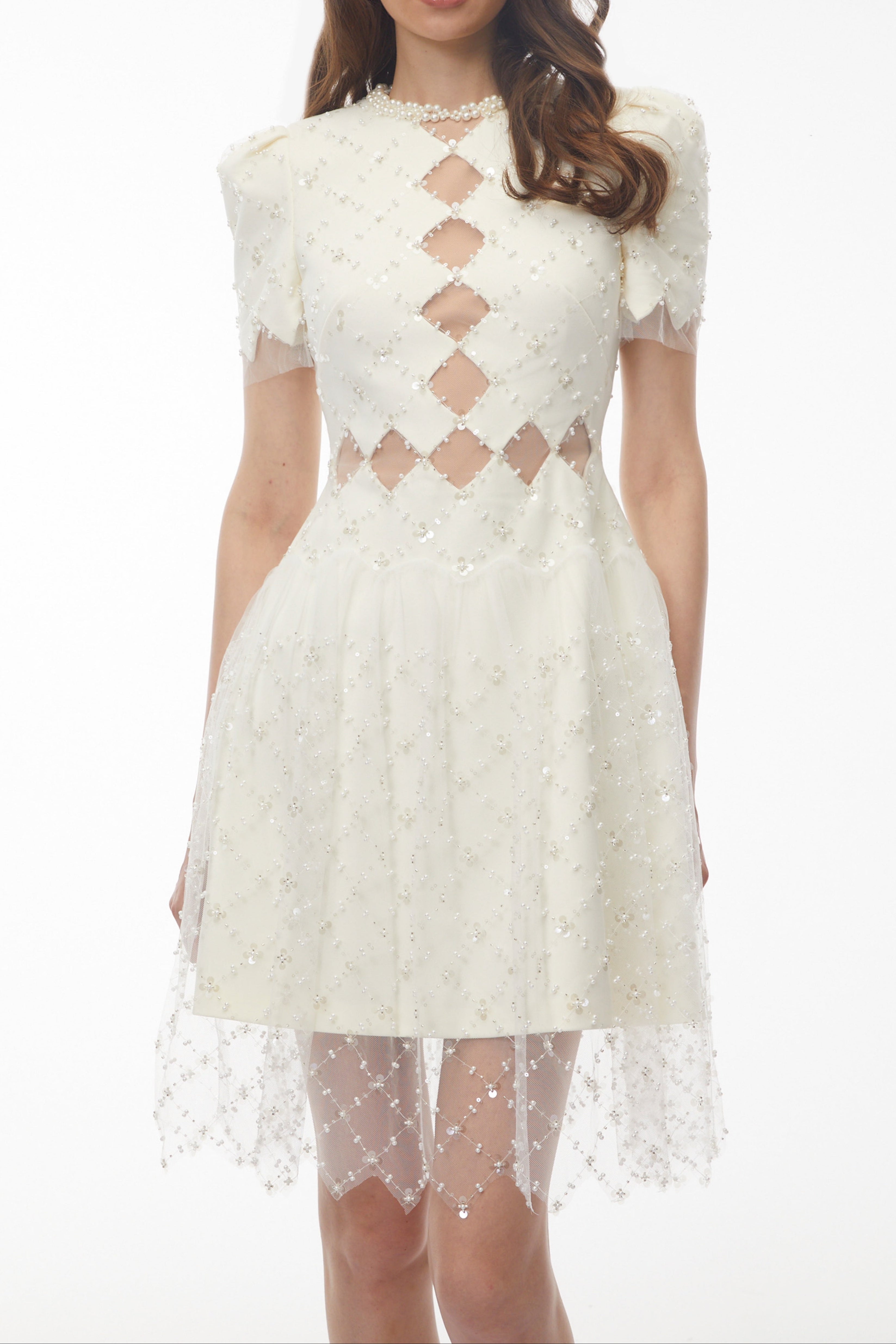 Henrietta Ivory Sequin Mini Dress with Mesh Panels