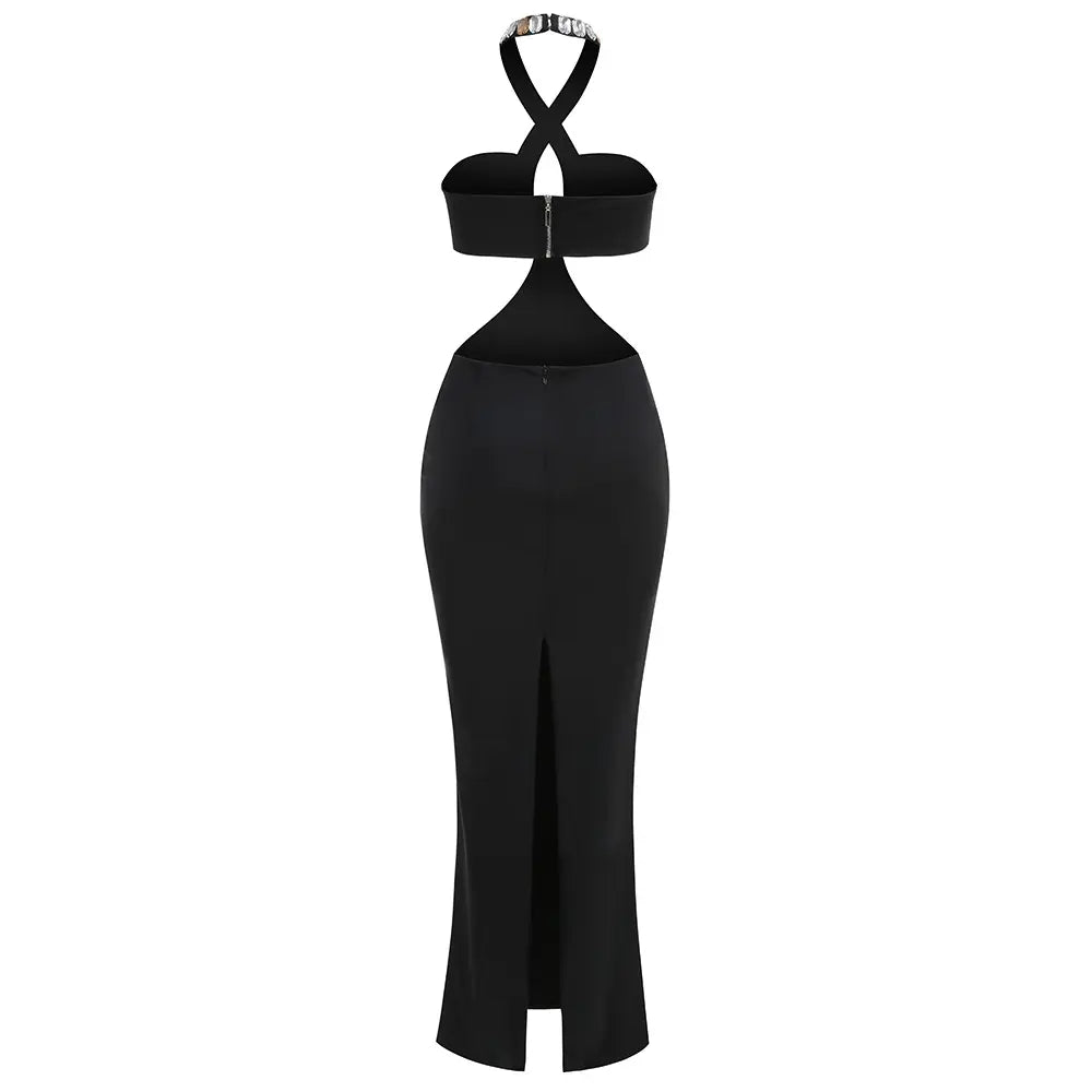 ADELA CRYSTAL EMBELLISHMENT HALTER NECK BLACK MAXI DRESS