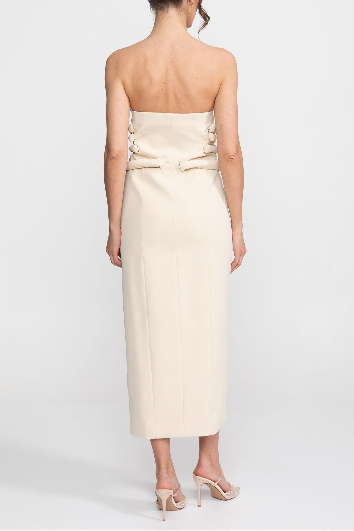 Strapless Midi Dress With Sculptural Knotted Bodice Detail And Jewel Buttons - Cream