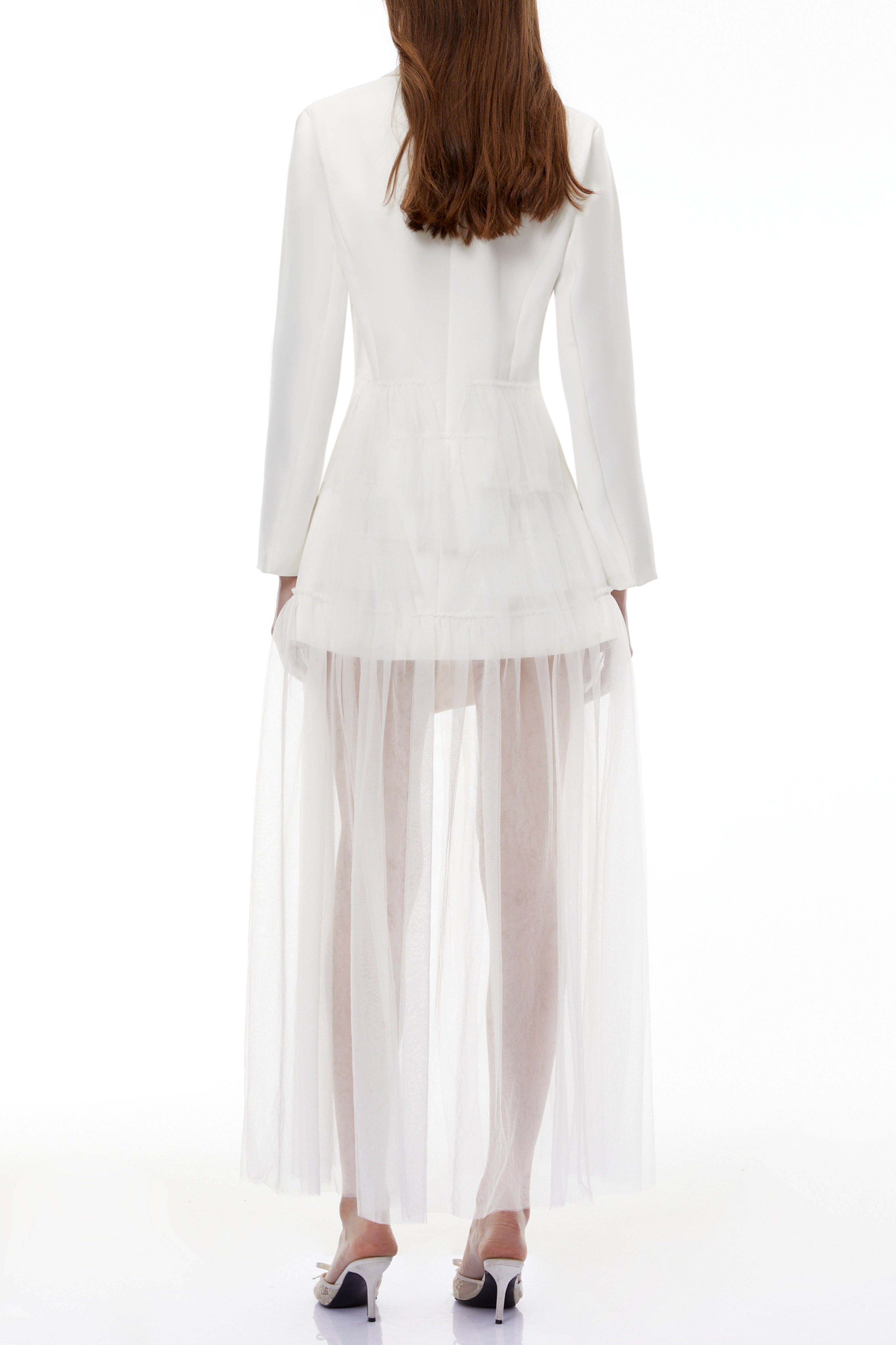 Illyria White Blazer Maxi Dress with Ruffled Tulle