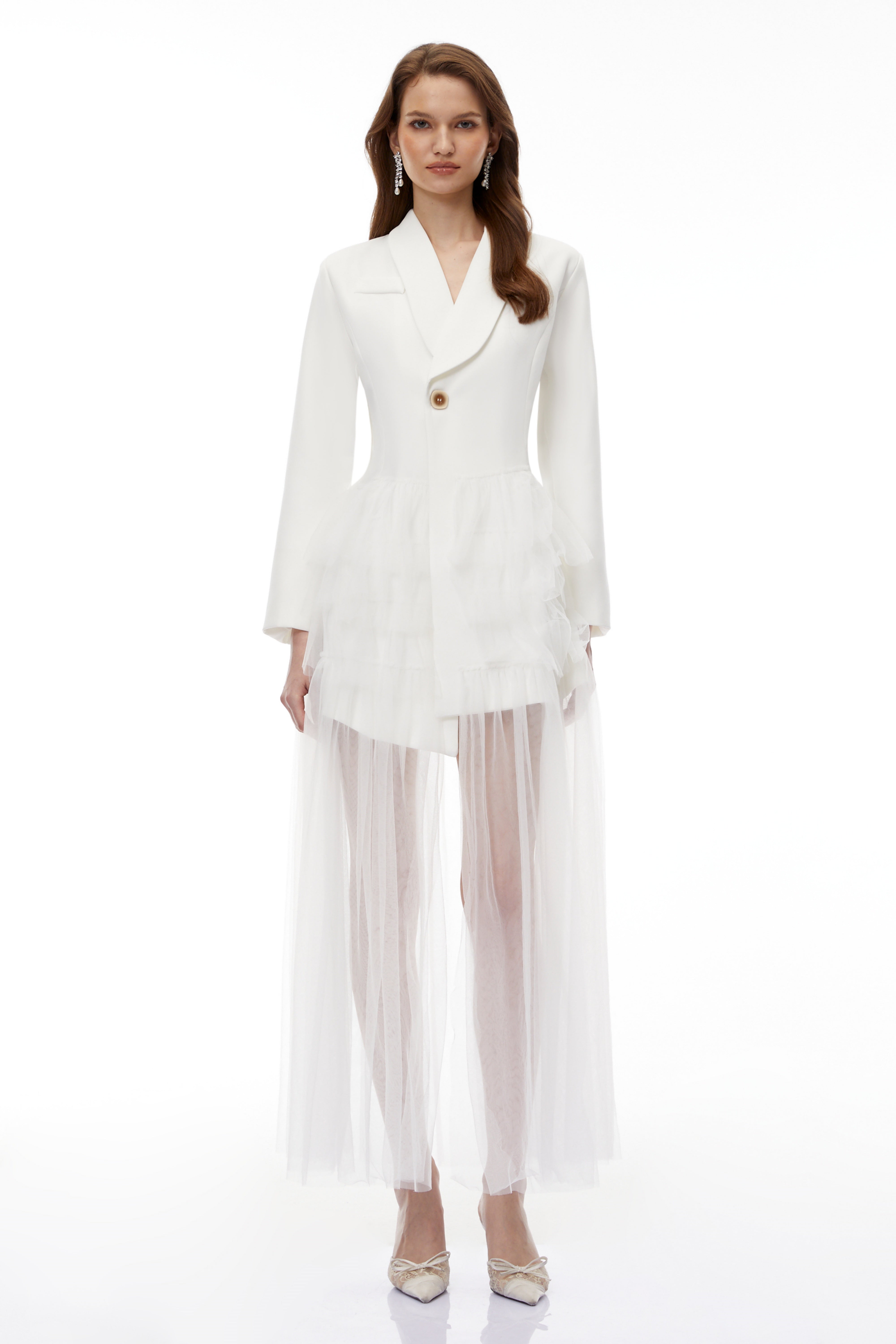 Illyria White Blazer Maxi Dress with Ruffled Tulle