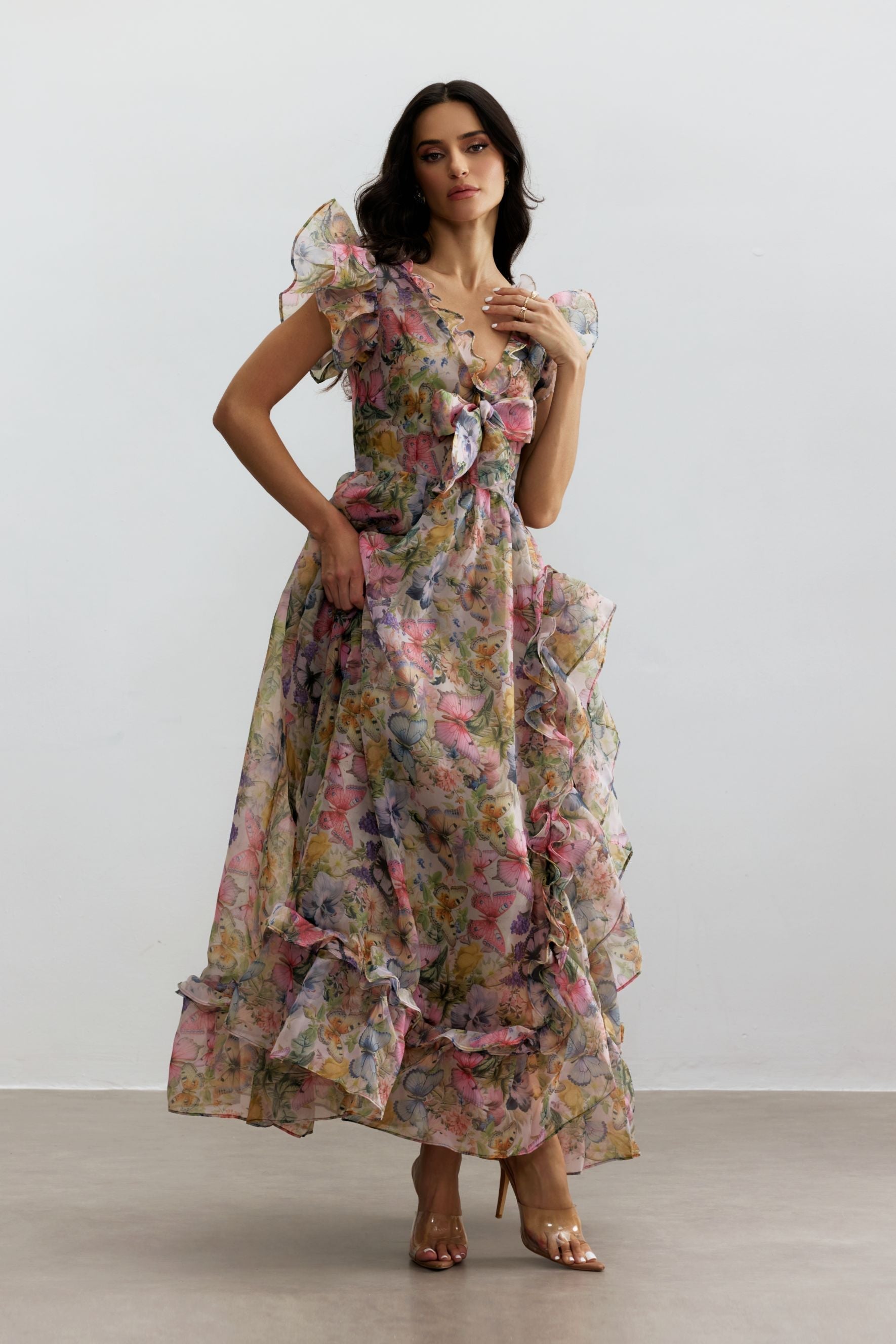 Butterfly Print Ruffle Chiffon Maxi Dress