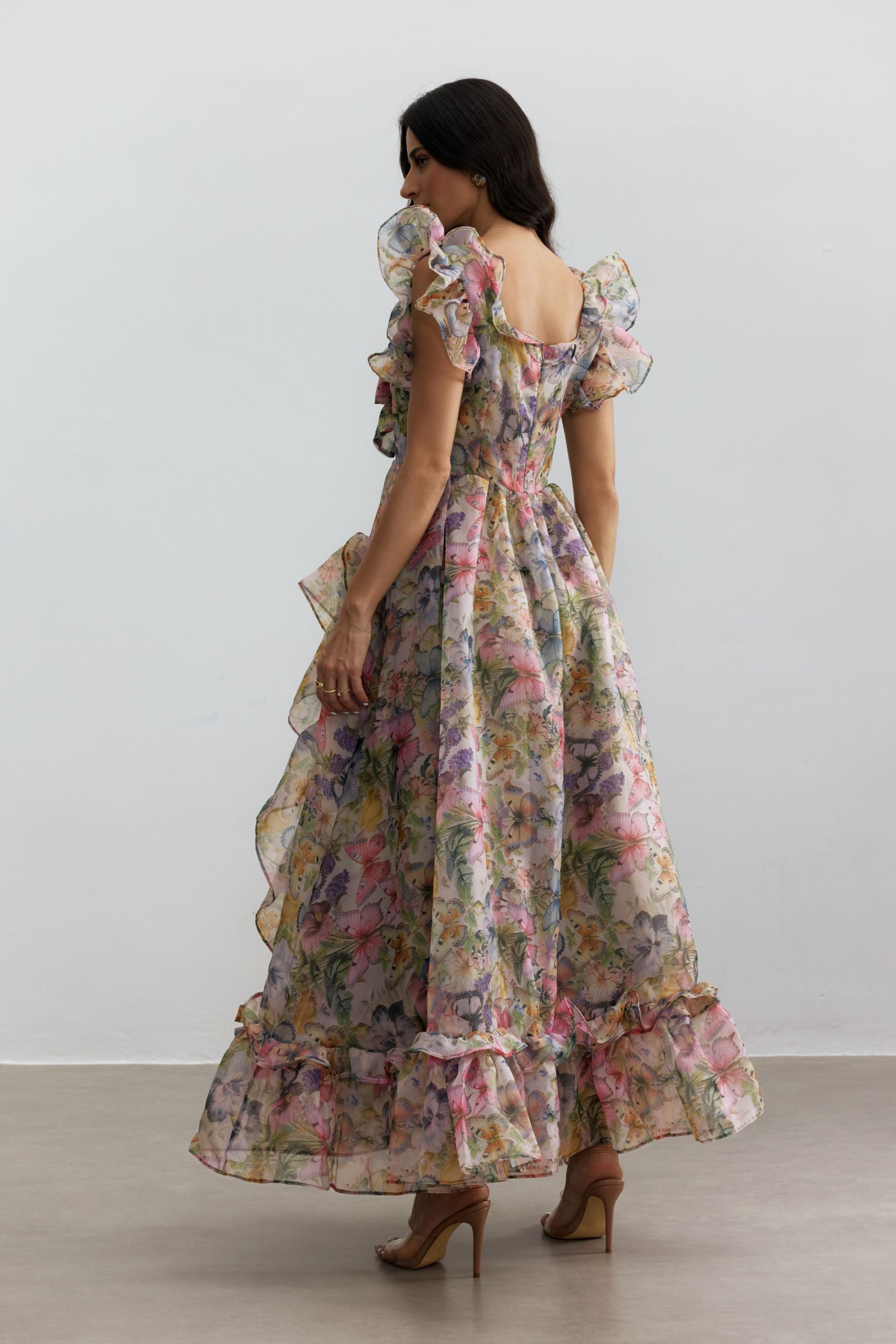 Butterfly Print Ruffle Chiffon Maxi Dress