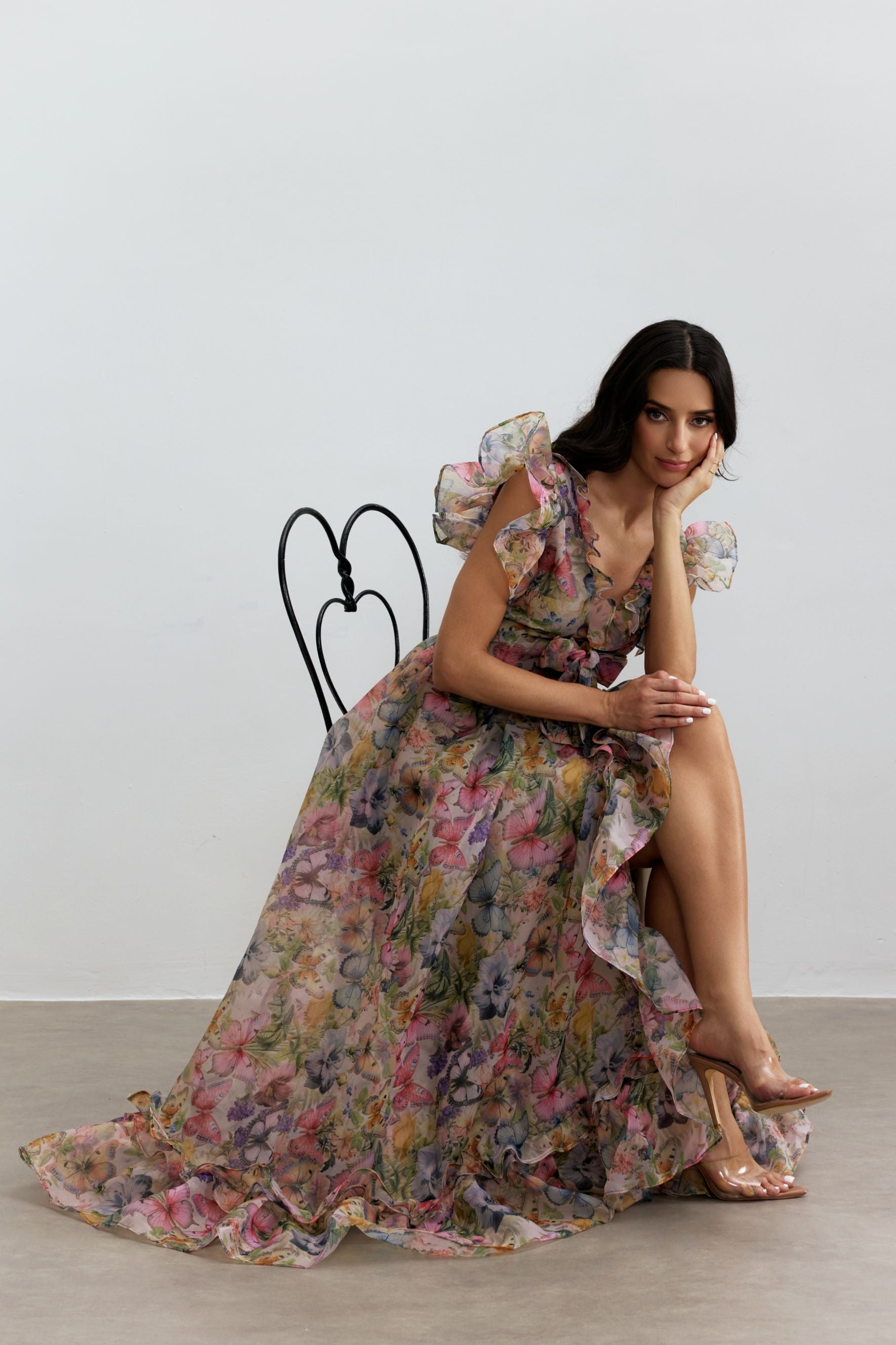 Butterfly Print Ruffle Chiffon Maxi Dress