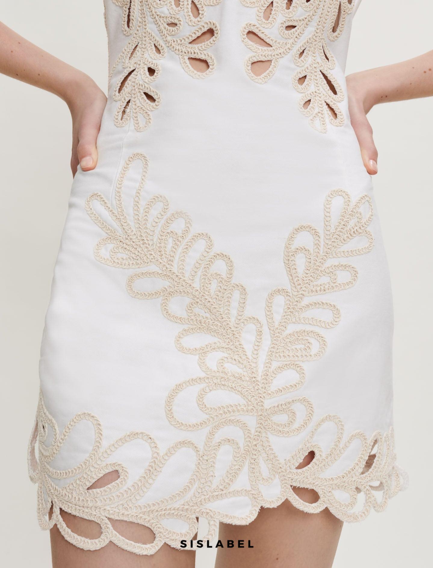 Embroidered Phoenix Tail Hollow Flower Sleeveless Short Dress - white