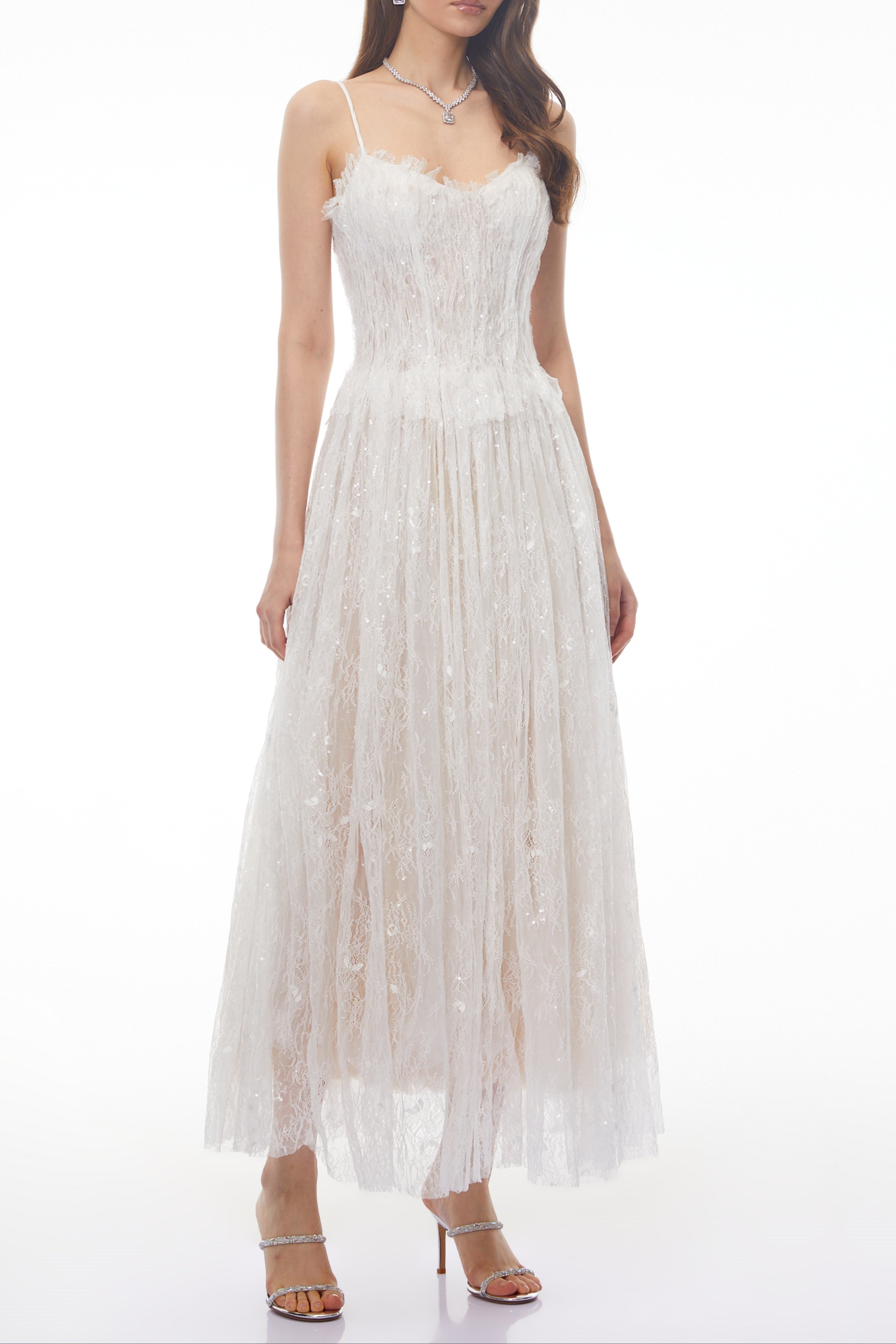 Nadir White Pleated Lace Maxi Dress