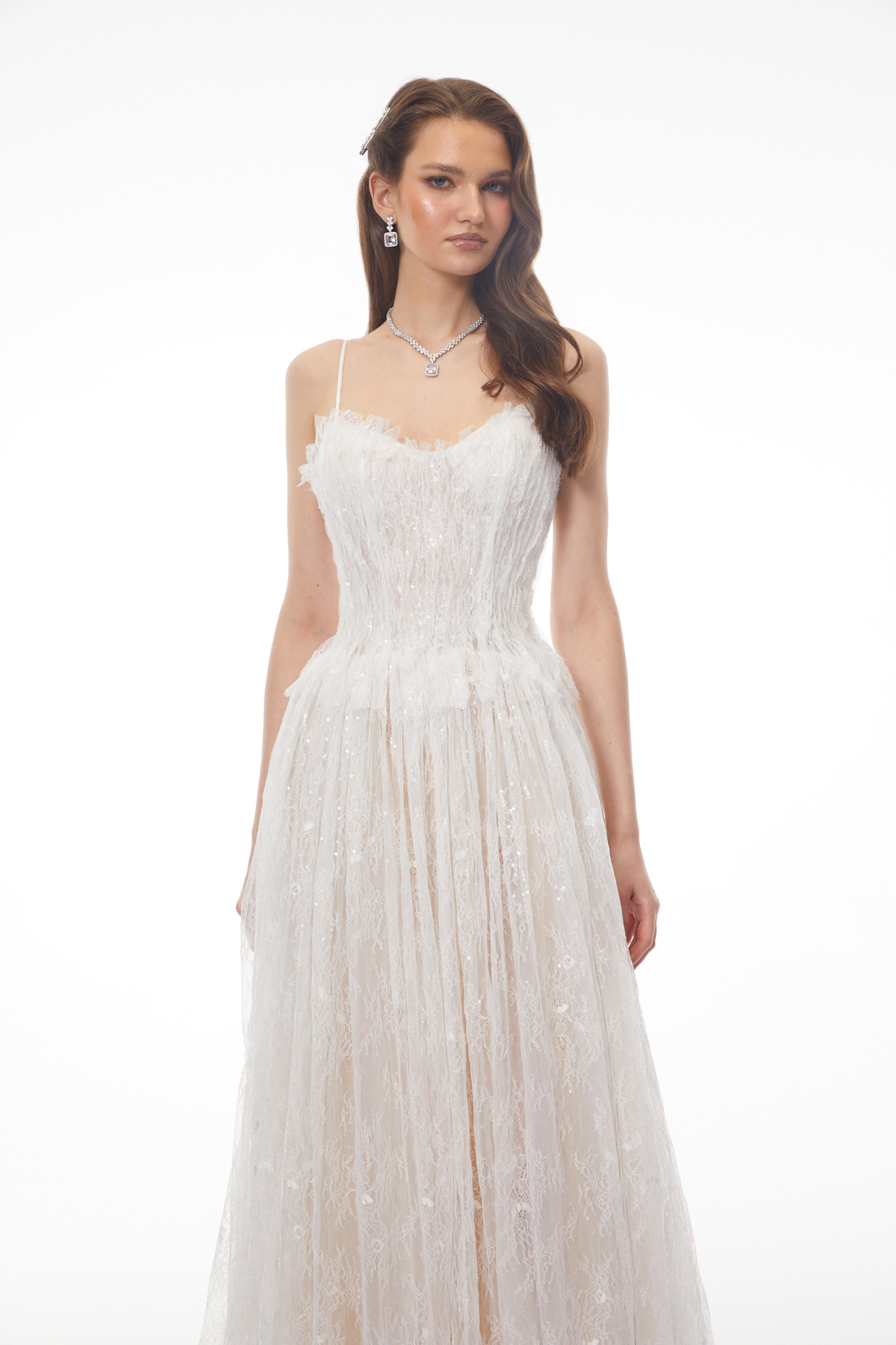 Nadir White Pleated Lace Maxi Dress