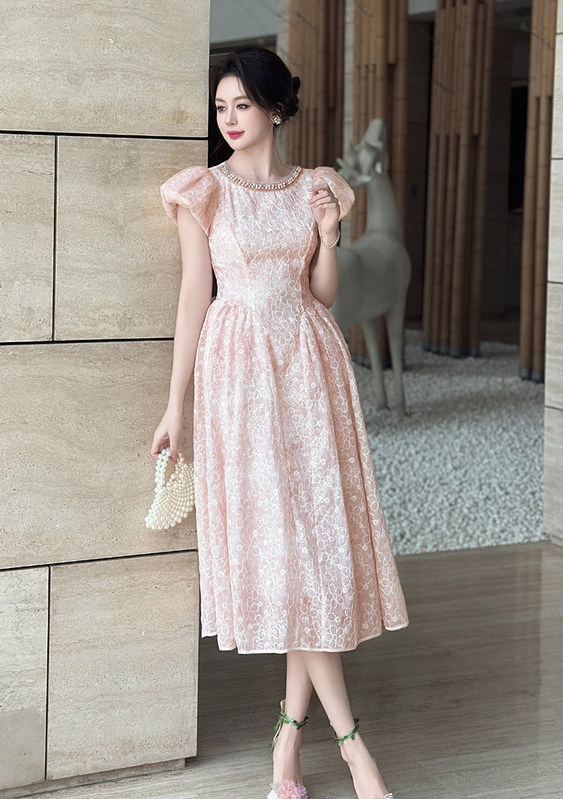 pearl neck Puff sleeve flared lace midi dress - pink