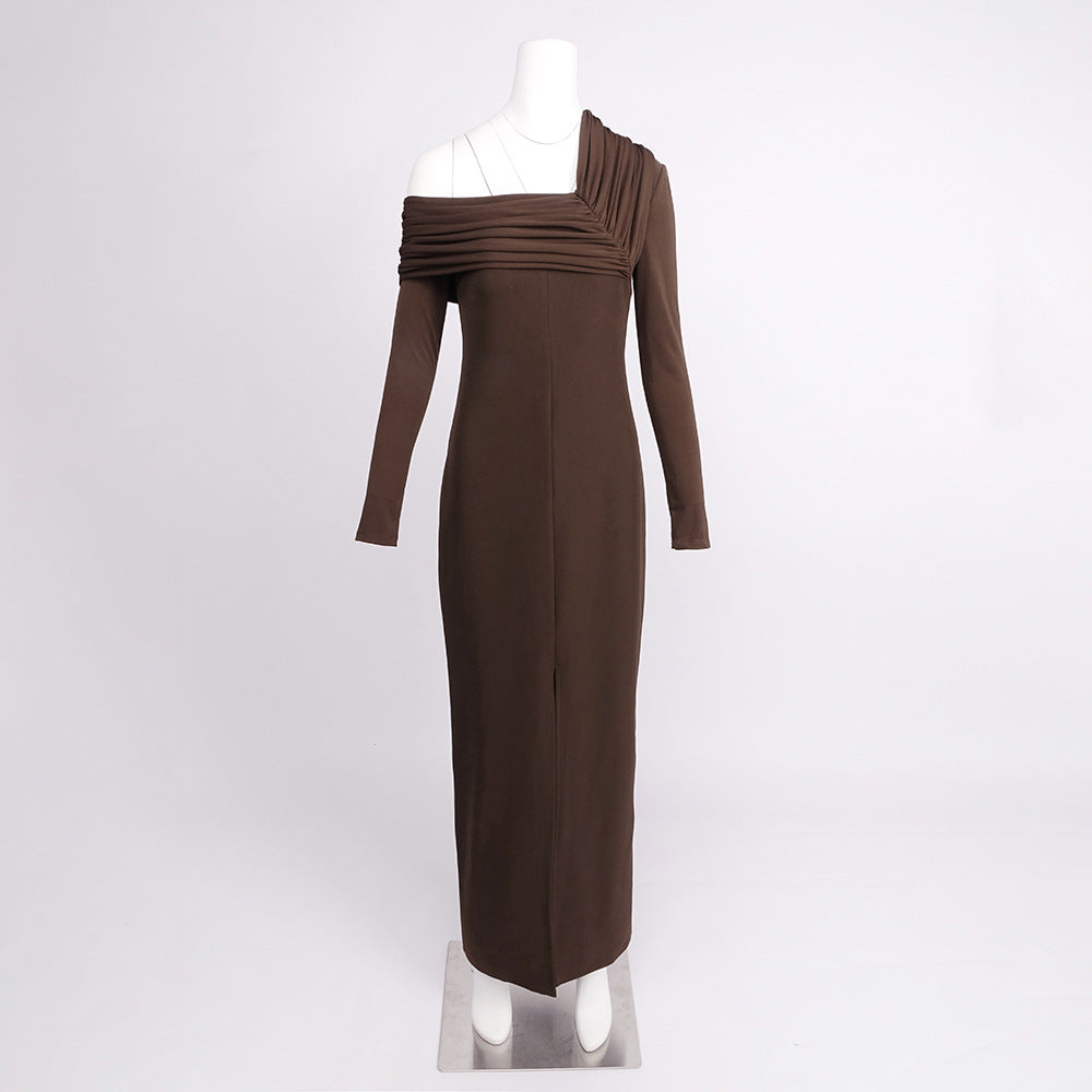 maud One-shoulder pleated high-slit maxi dress - brown