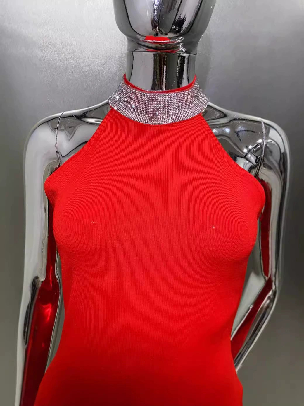 HEDWIG CRYSTAL HALTER SLEEVELESS BODYCON MAXI DRESS IN RED