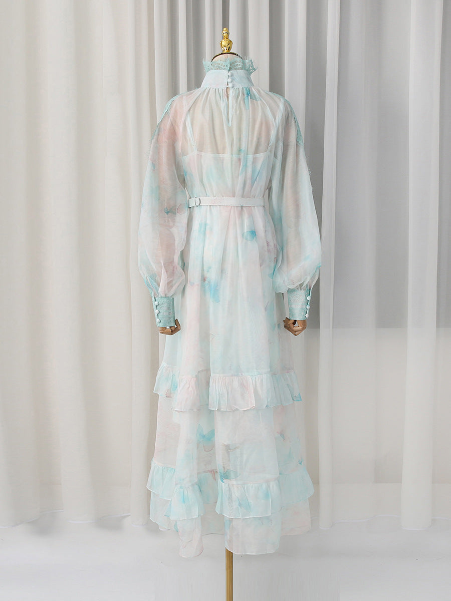 olga floral print  lantern sleeve layer Sheer maxi dress