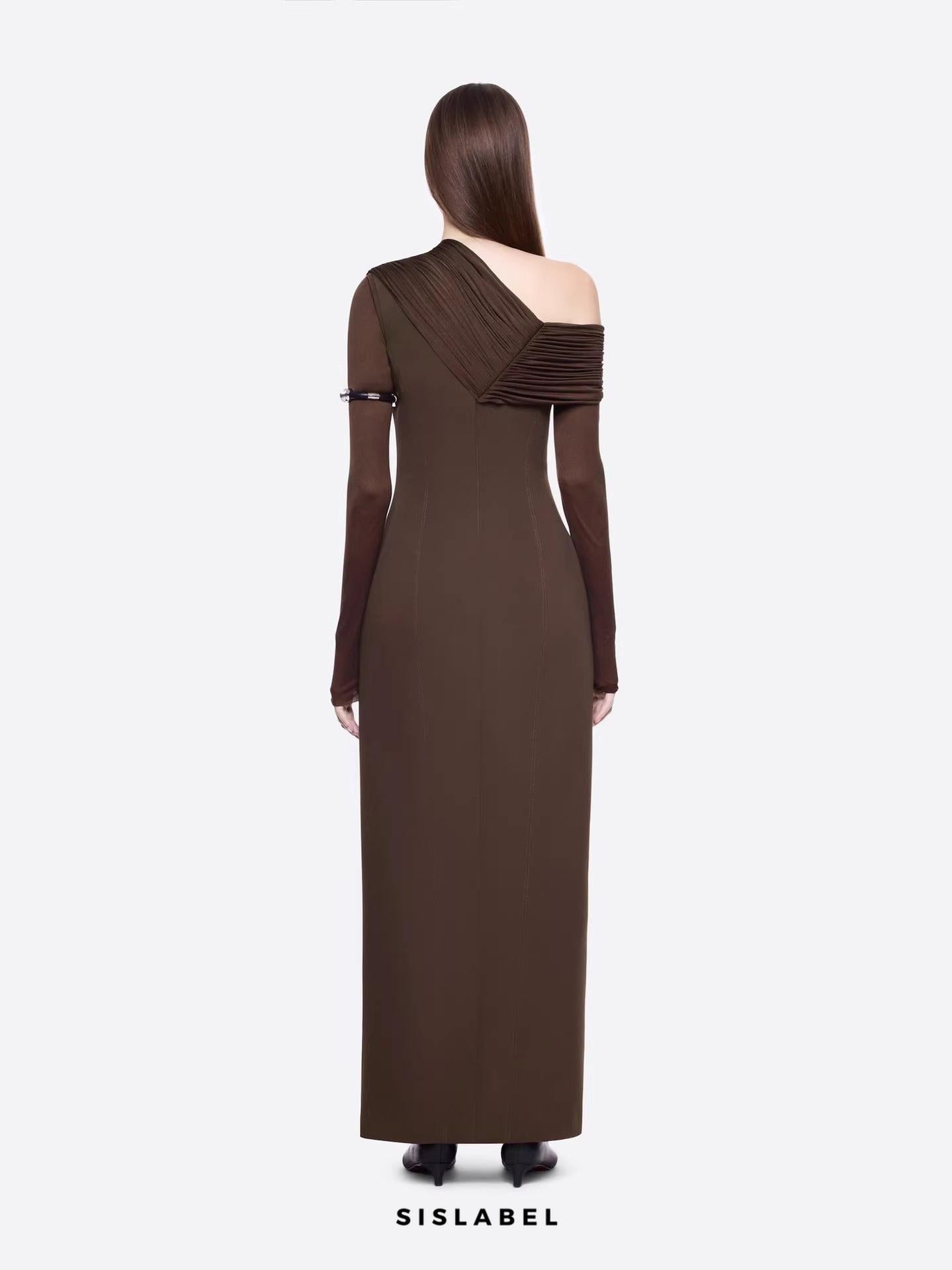 maud One-shoulder pleated high-slit maxi dress - brown
