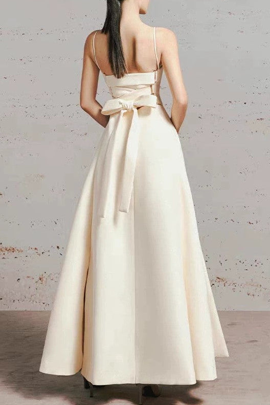 Tulle splicing bow sleeveless maxi dress - ivory