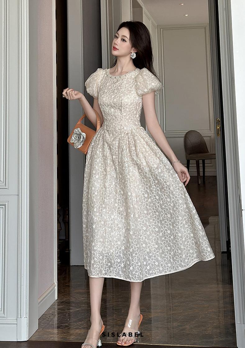 pearl neck Puff sleeve flared lace maxi dress - apricot