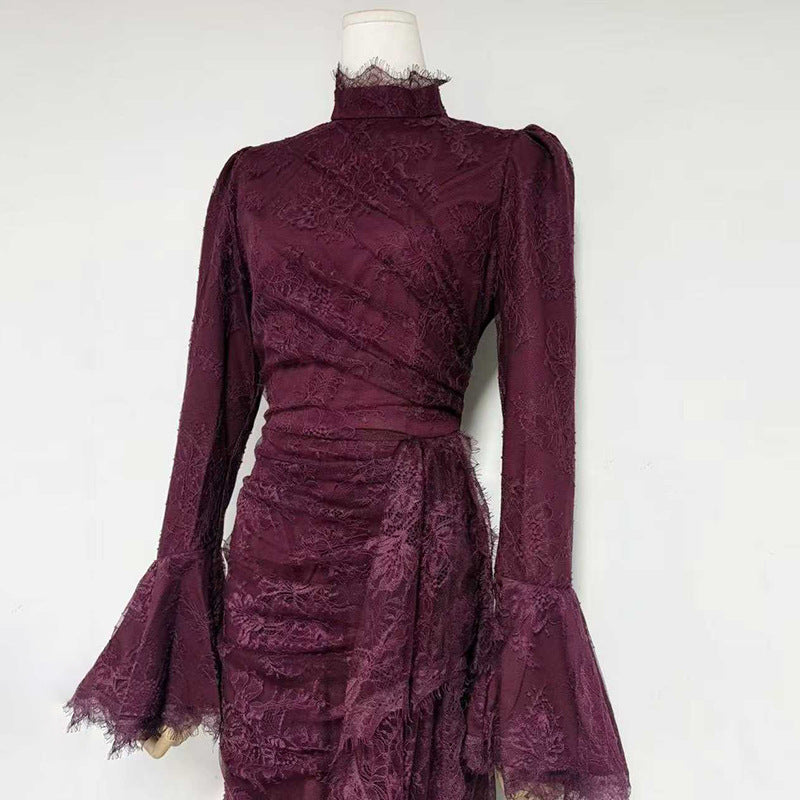 Victoria Lantern-Sleeve Lace-Trim Maxi Dress in Burgundy